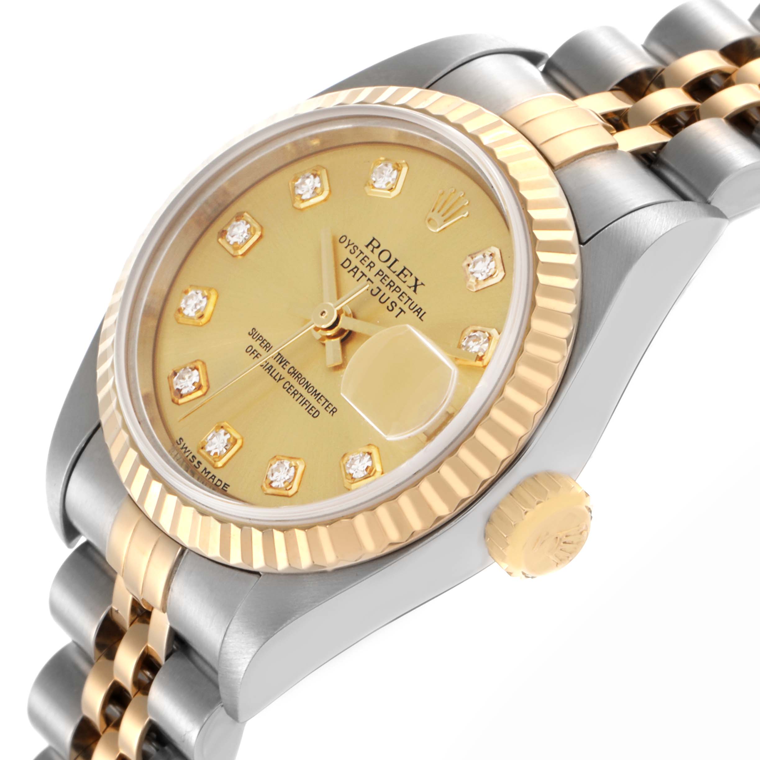 The image shows a Rolex Datejust 79173 Women's Steel and Gold (two tone) Champagne Dial 79173 Women's Steel and Gold (two tone) Champagne Dial watch from a side angle, highlighting the dial, fluted bezel, bracelet, and crown.
