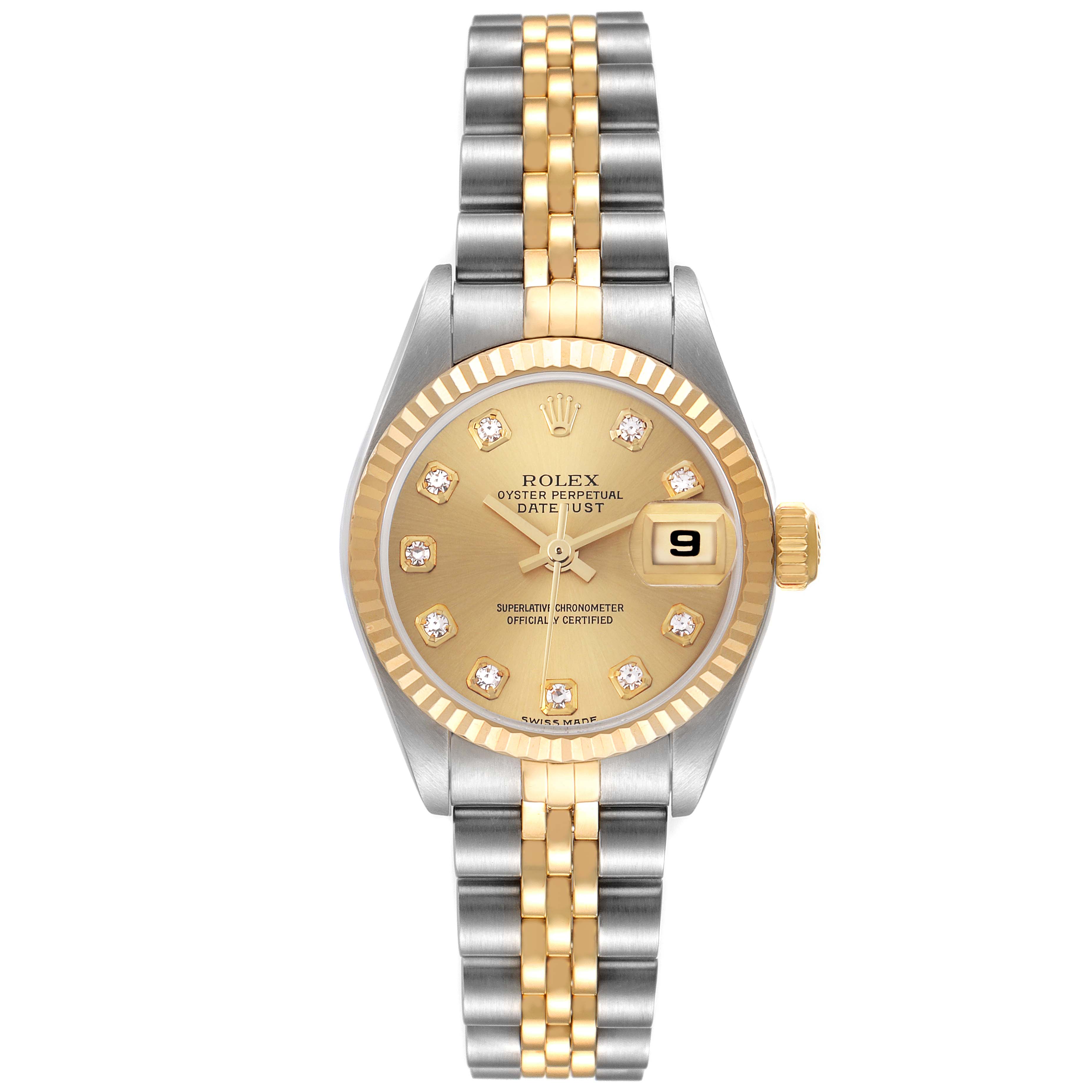 The Rolex Datejust 79173 Women's Steel and Gold (two tone) Champagne Dial 79173 Women's Steel and Gold (two tone) Champagne Dial watch is shown from the front, highlighting its gold dial, diamond hour markers, fluted bezel, and two-tone bracelet.
