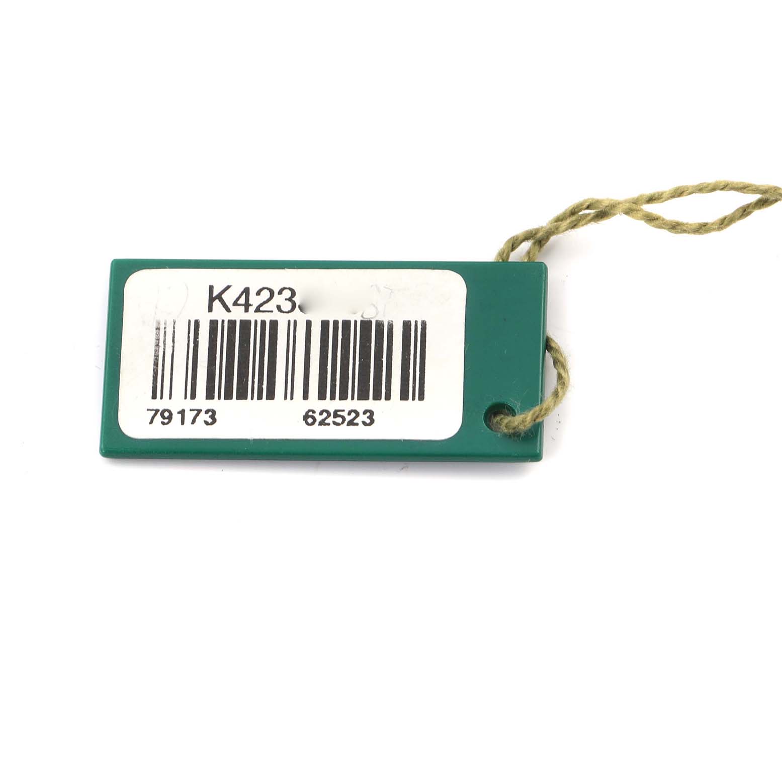 The image shows a green rectangular tag with a barcode and a string, related to a Rolex Datejust 79173 Women's Steel and Gold (two tone) Champagne Dial 79173 Women's Steel and Gold (two tone) Champagne Dial watch.