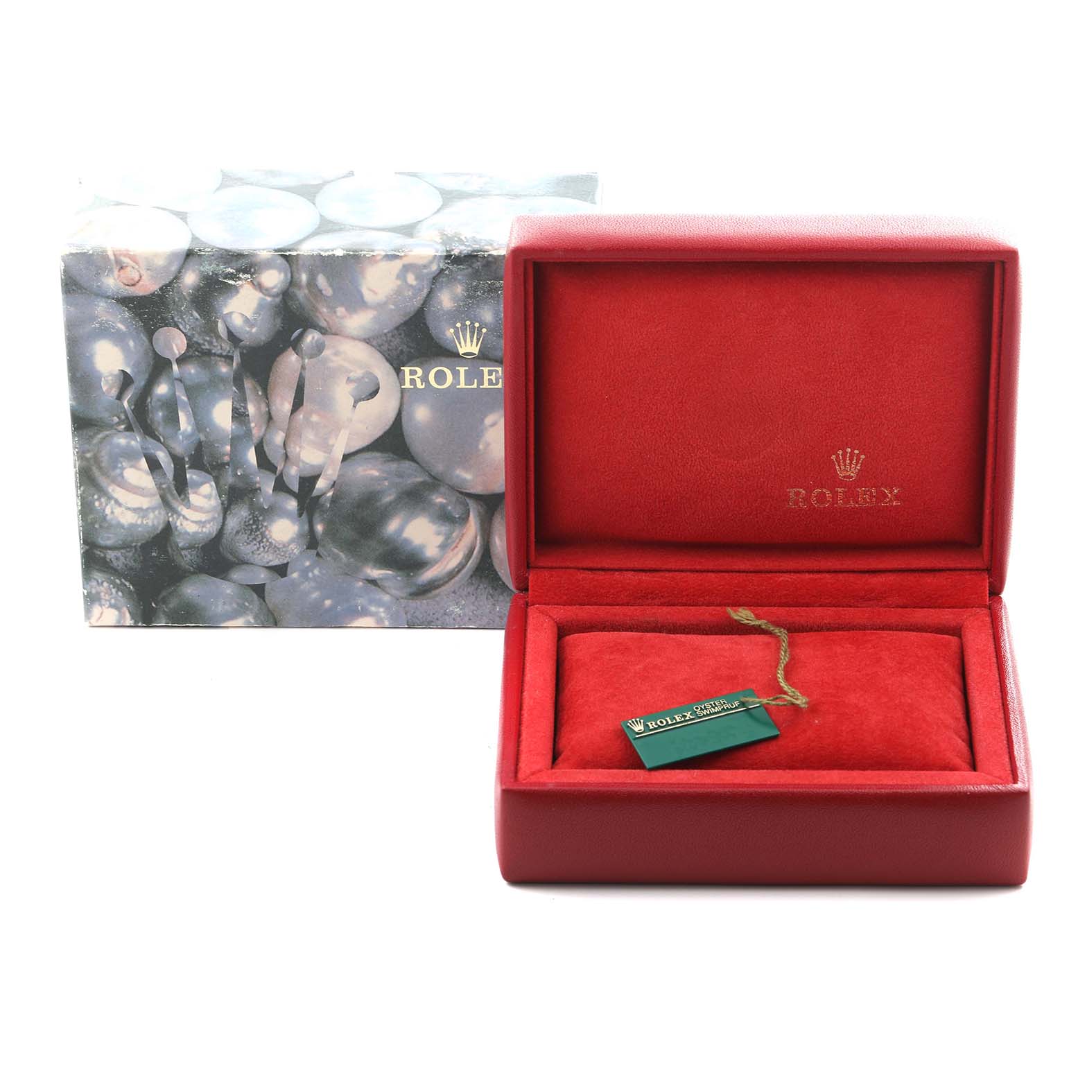 The image shows a Rolex Datejust 79173 Women's Steel and Gold (two tone) Champagne Dial 79173 Women's Steel and Gold (two tone) Champagne Dial box angled open, with a red interior and a tag, alongside its decorative outer box.