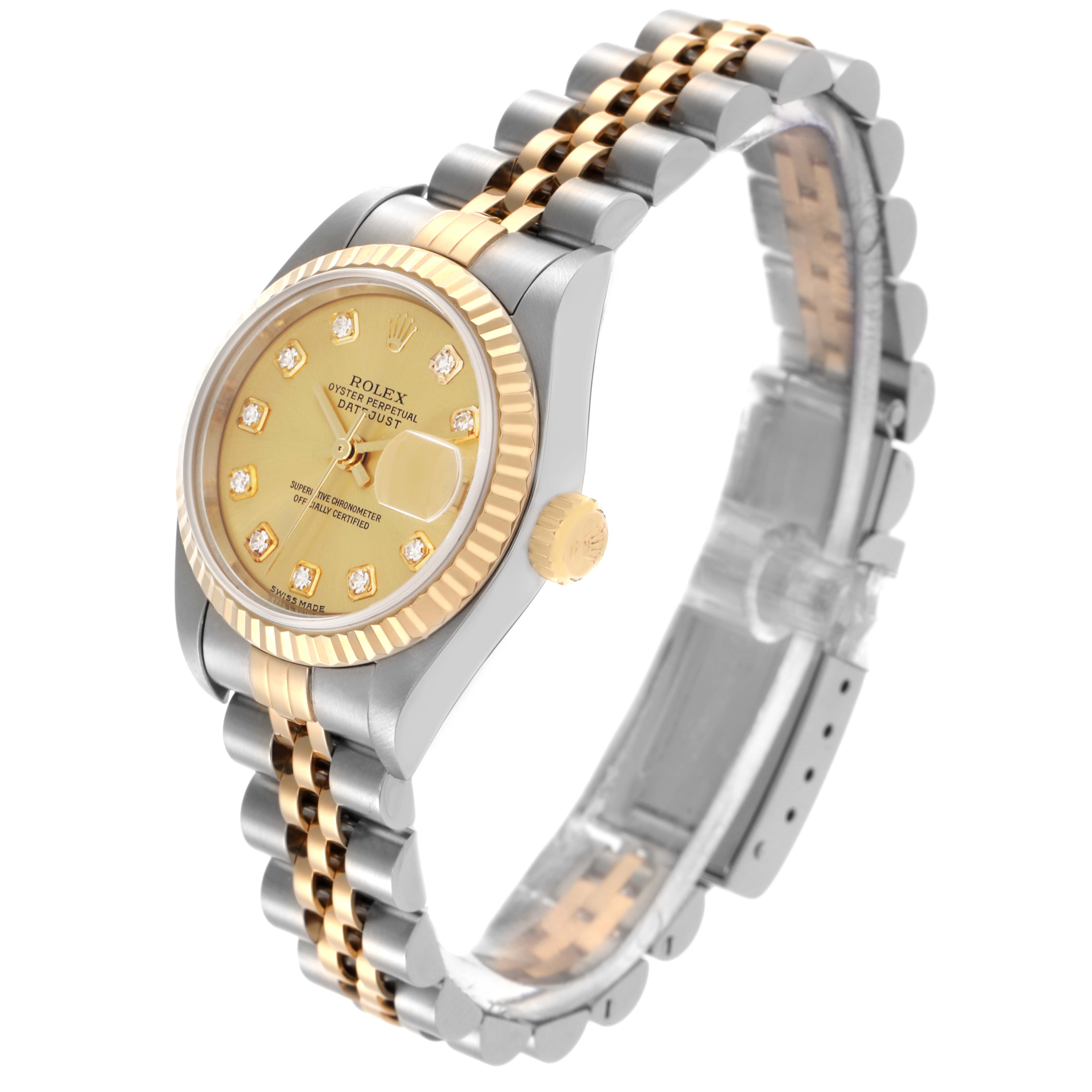 The Rolex Datejust 79173 Women's Steel and Gold (two tone) Champagne Dial 79173 Women's Steel and Gold (two tone) Champagne Dial watch is displayed at a slight side angle, showing the dial, bezel, crown, and Jubilee bracelet.