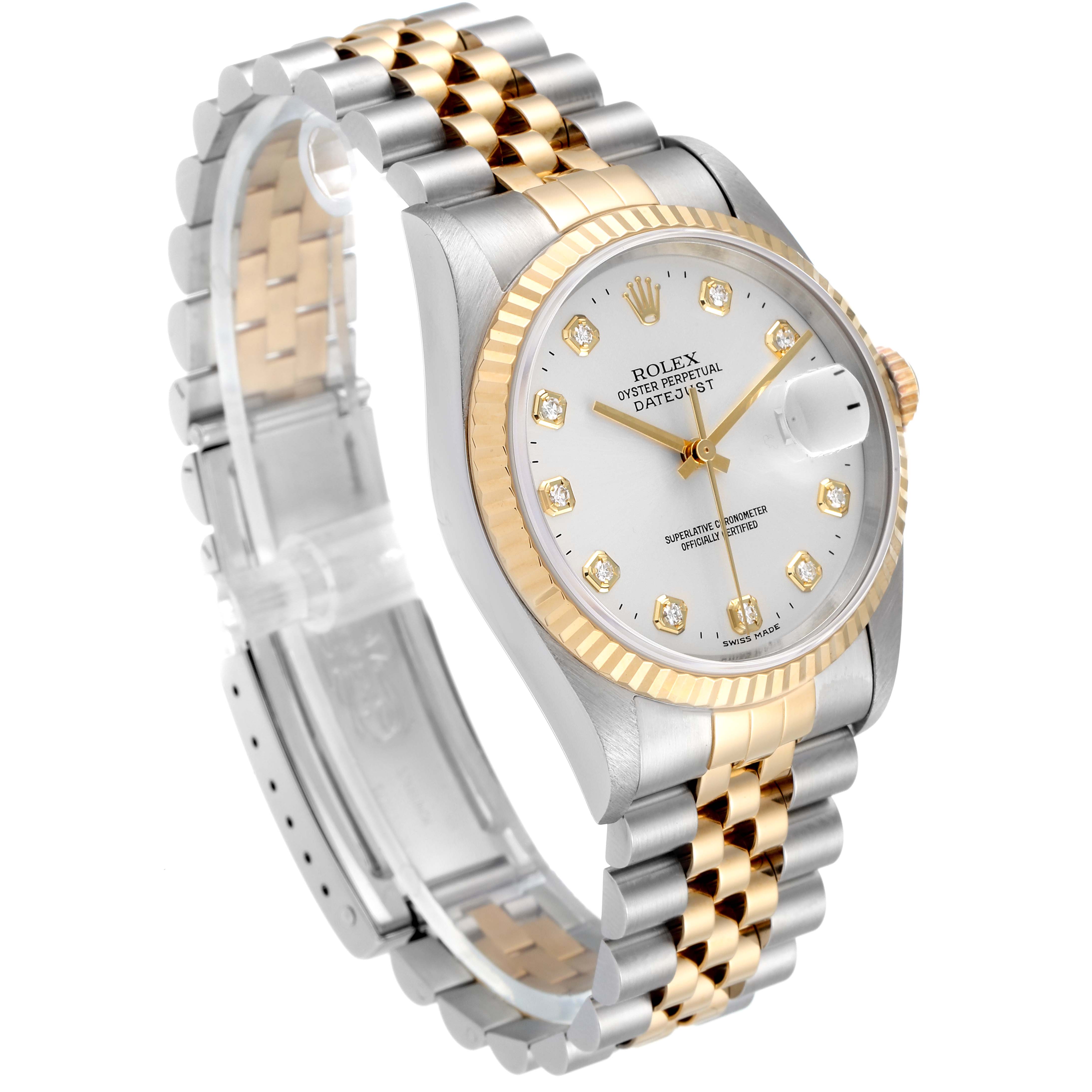 The Rolex Datejust 16233 Men's Steel and Gold (two tone) Silver Dial 16233 Men's Steel and Gold (two tone) Silver Dial watch is shown from an angled view, highlighting its dial, case, and two-tone bracelet.
