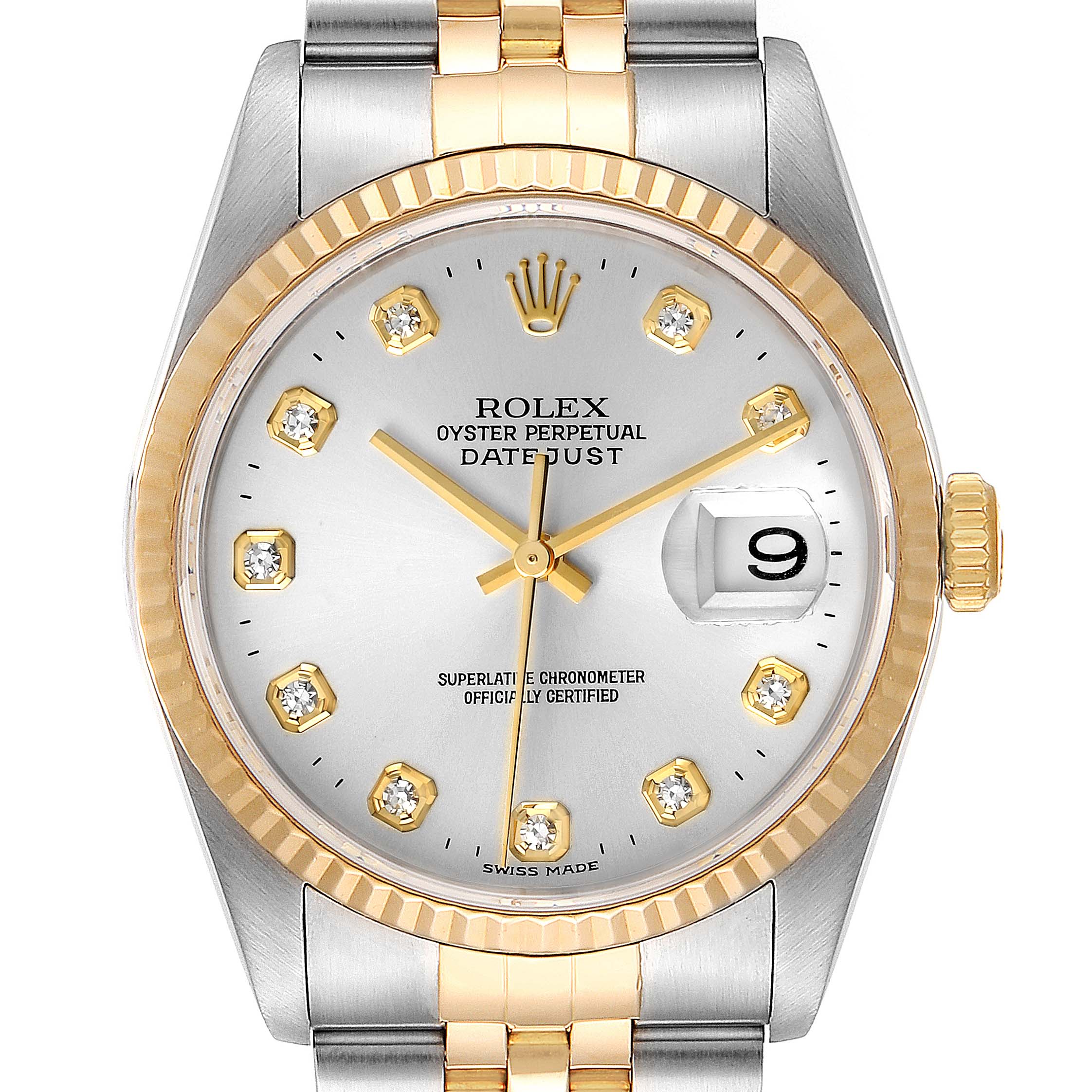 This is a front angle of the Rolex Datejust 16233 Men's Steel and Gold (two tone) Silver Dial 16233 Men's Steel and Gold (two tone) Silver Dial watch, showing the dial, bezel, bracelet, and crown.