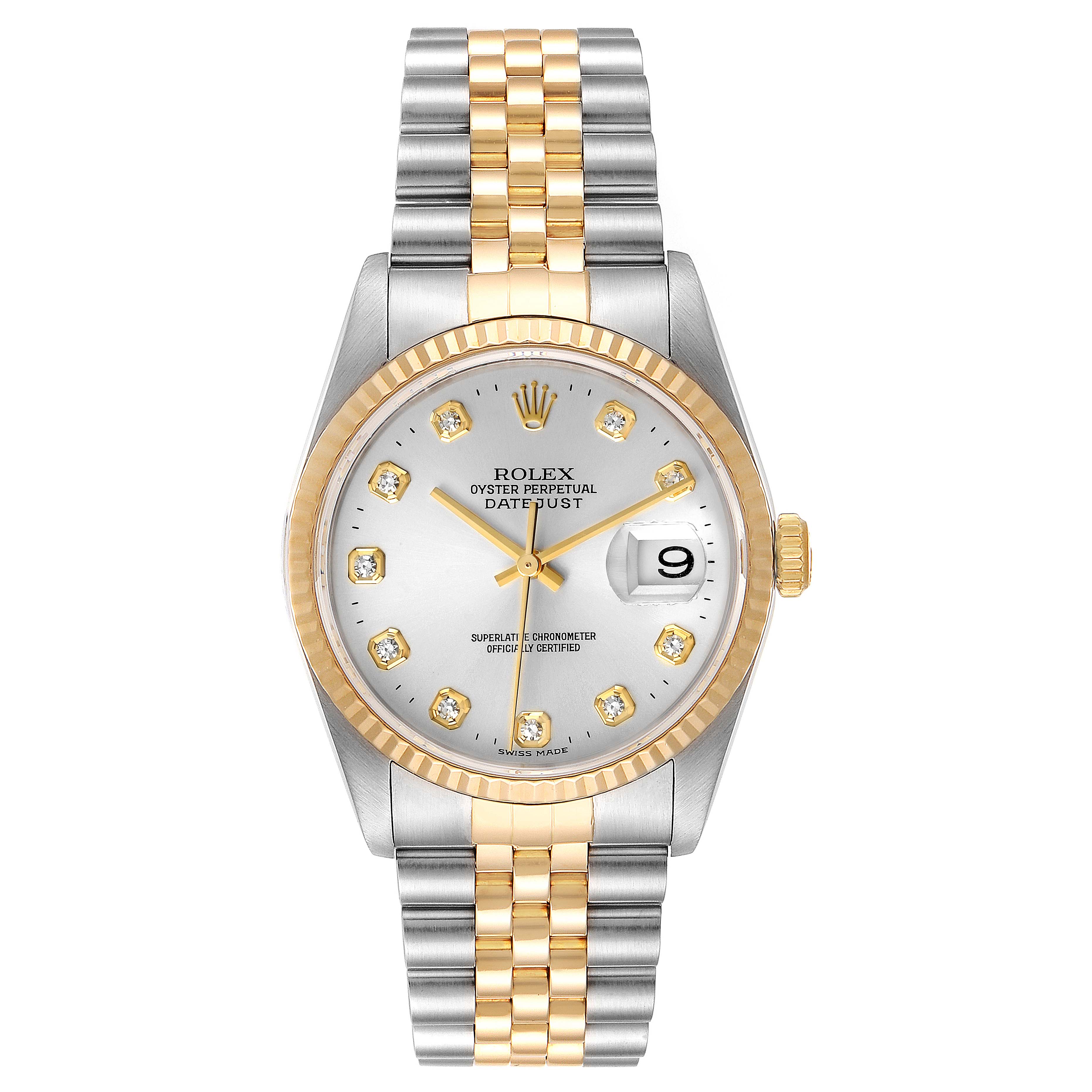 This Rolex Datejust 16233 Men's Steel and Gold (two tone) Silver Dial 16233 Men's Steel and Gold (two tone) Silver Dial watch is shown from a top-down angle, highlighting its face, bezel, and two-tone bracelet.
