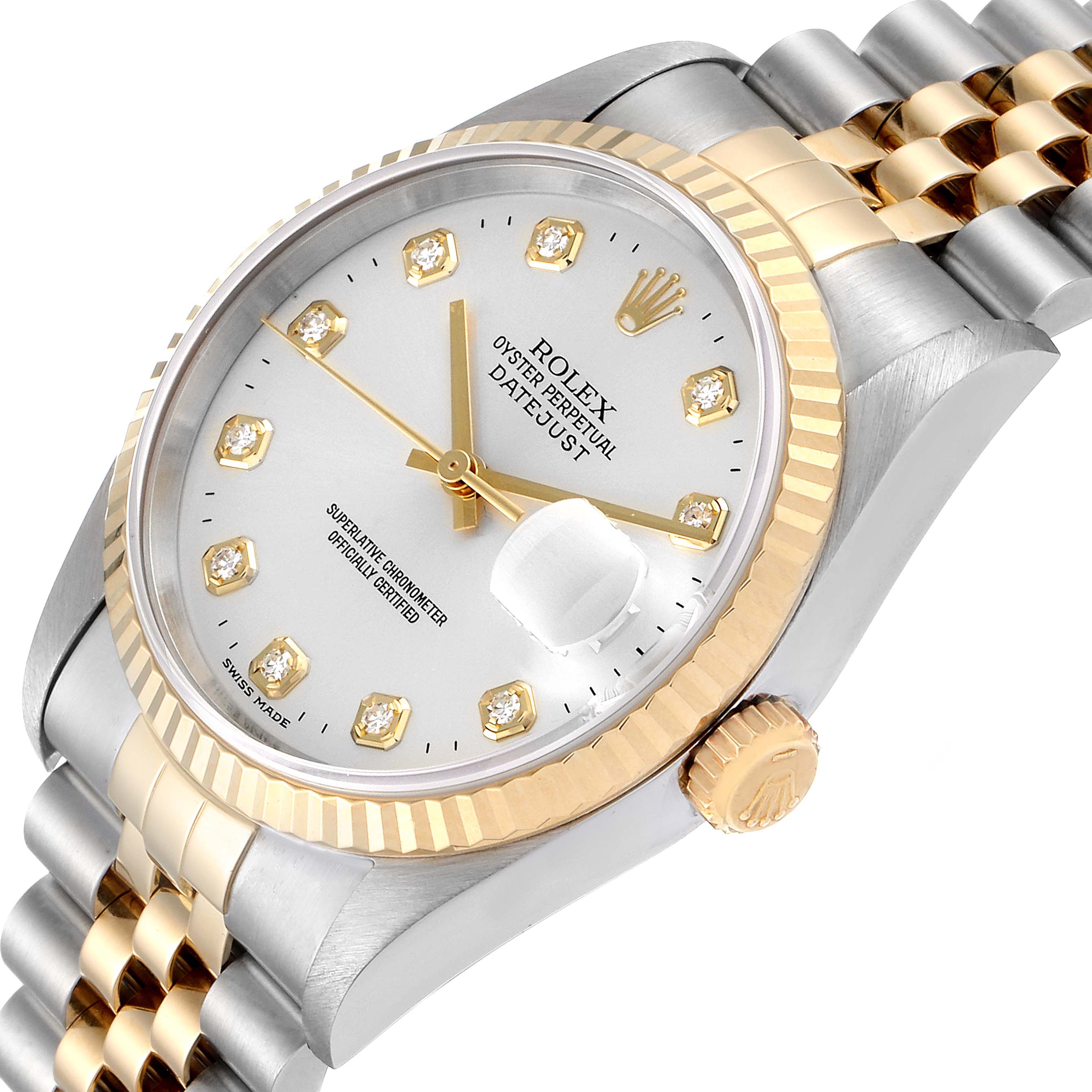 This image shows a side angle of the Rolex Datejust 16233 Men's Steel and Gold (two tone) Silver Dial 16233 Men's Steel and Gold (two tone) Silver Dial watch, highlighting the dial, crown, and part of the bracelet.