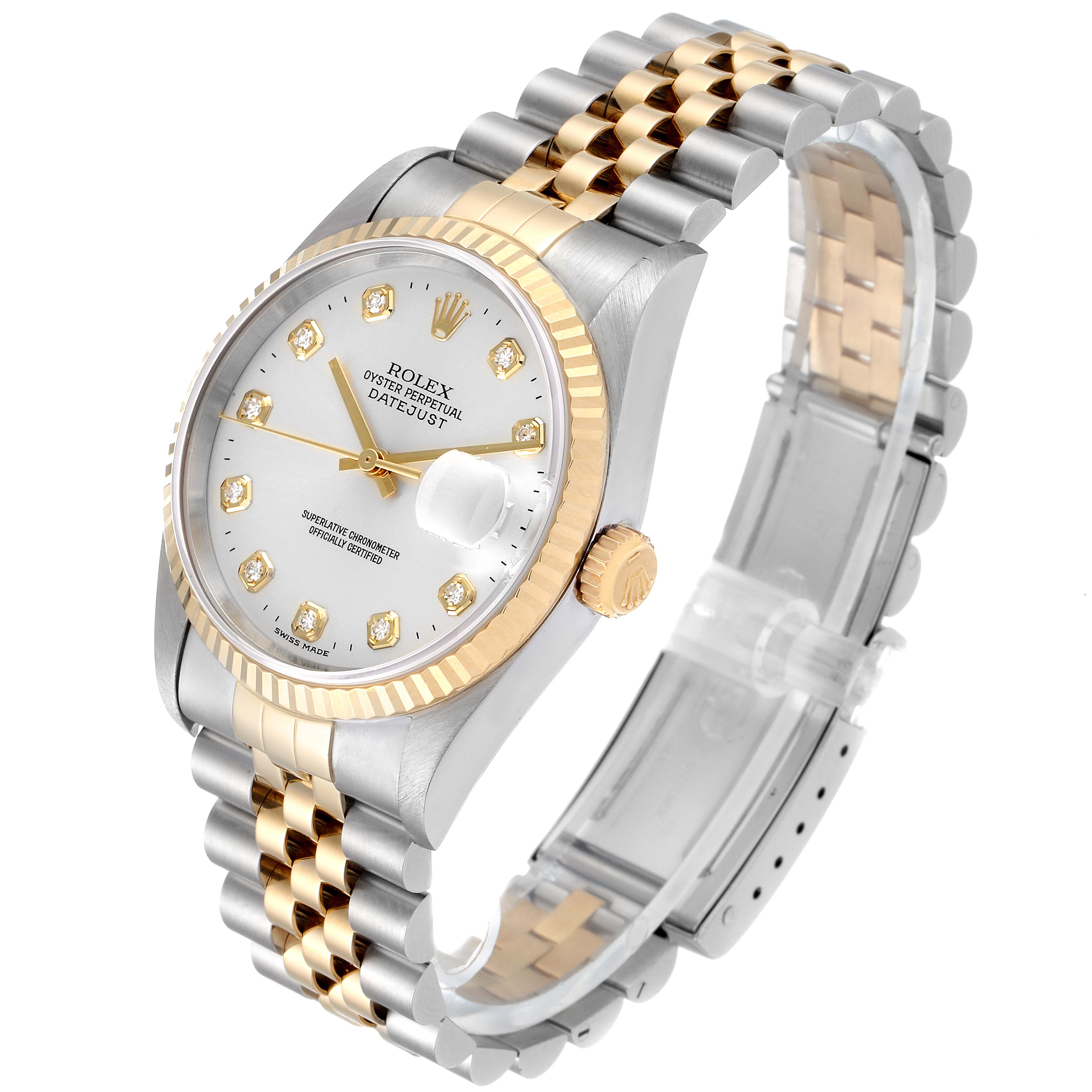 This Rolex Datejust 16233 Men's Steel and Gold (two tone) Silver Dial 16233 Men's Steel and Gold (two tone) Silver Dial watch is shown from a three-quarter angle, highlighting its face, fluted bezel, and two-tone jubilee bracelet.