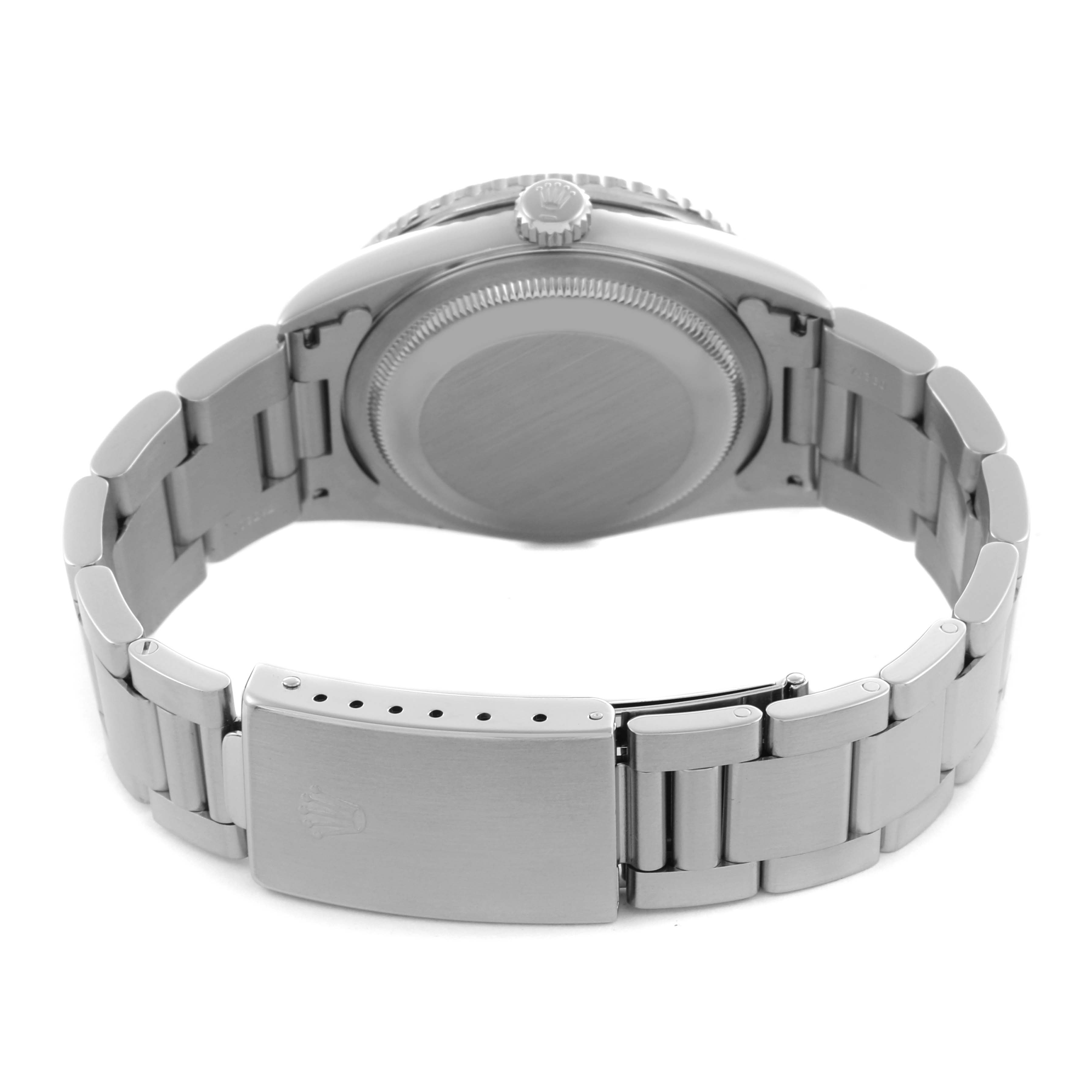 The image shows the back view of a Rolex Turn-o-Graph 16264 Men's Stainless Steel Black Dial 16264 Men's Stainless Steel Black Dial watch, highlighting the case back, bracelet, and clasp.