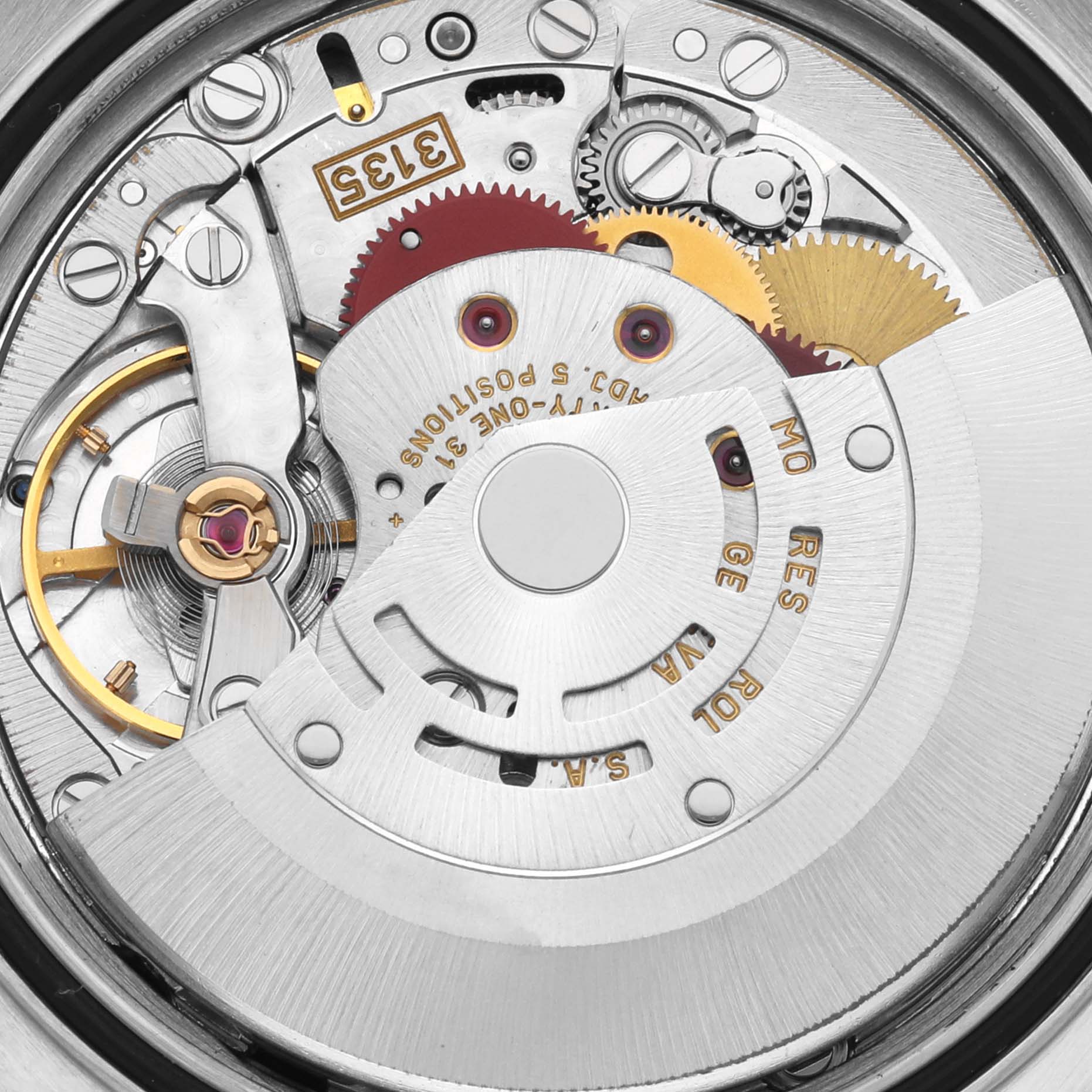 The image shows a close-up of the Rolex Turn-o-Graph 16264 Men's Stainless Steel Black Dial 16264 Men's Stainless Steel Black Dial watch movement, highlighting the rotor and various gears.