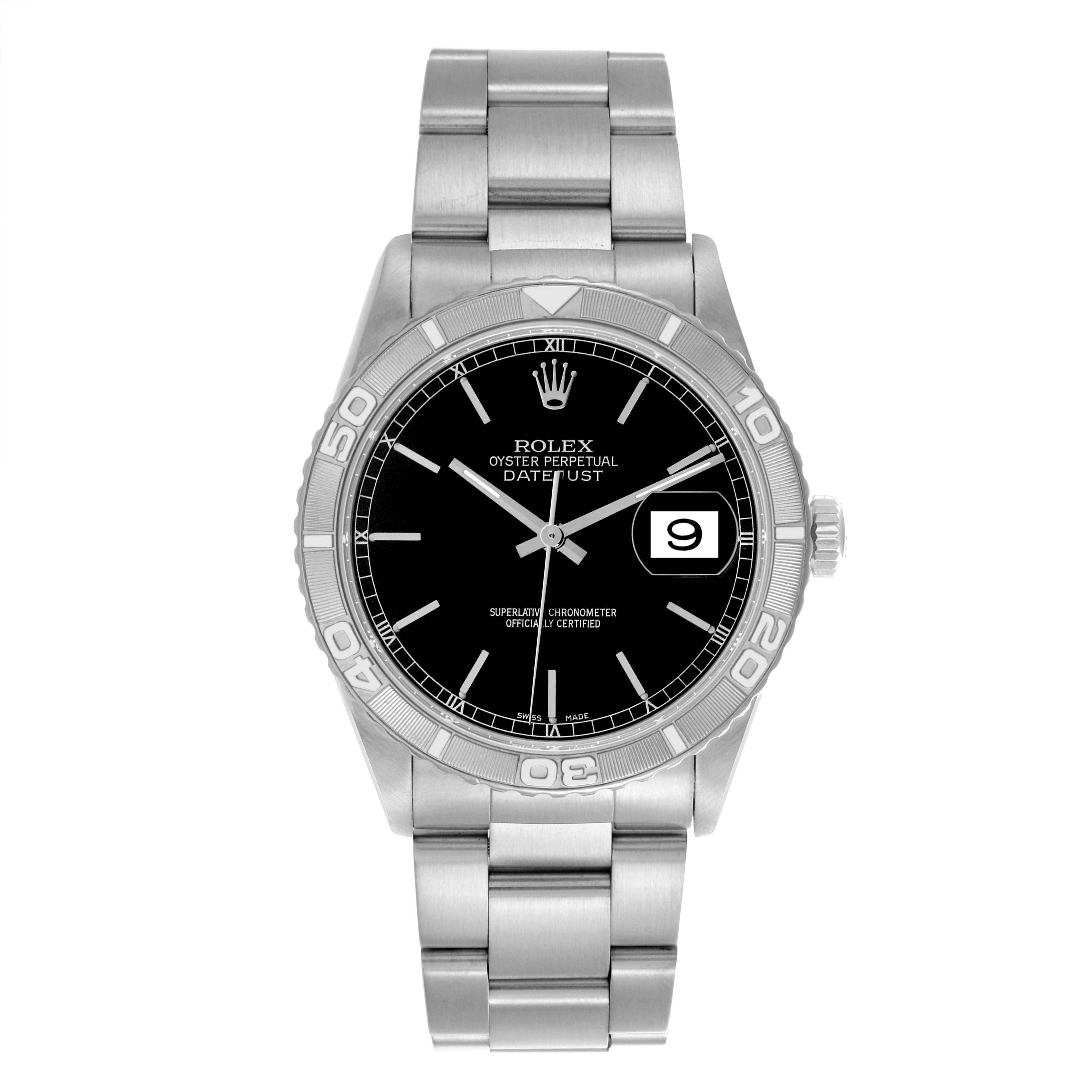 The Rolex Turn-o-Graph 16264 Men's Stainless Steel Black Dial 16264 Men's Stainless Steel Black Dial watch is shown from the front, highlighting its bezel, dial, hands, bracelet, and date window.
