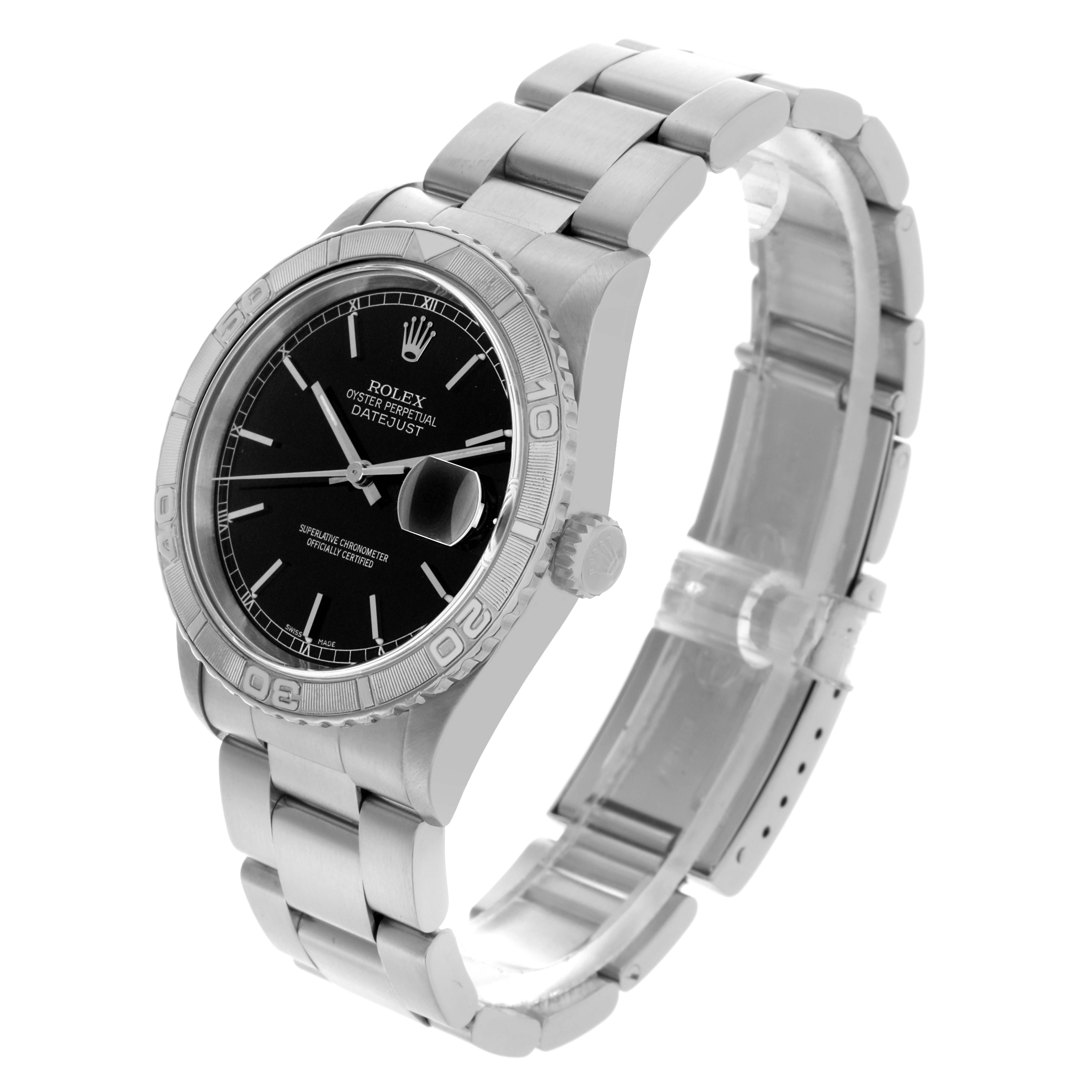 The Rolex Turn-o-Graph 16264 Men's Stainless Steel Black Dial 16264 Men's Stainless Steel Black Dial is shown at a three-quarter angle, displaying the bezel, dial, and partially open bracelet.