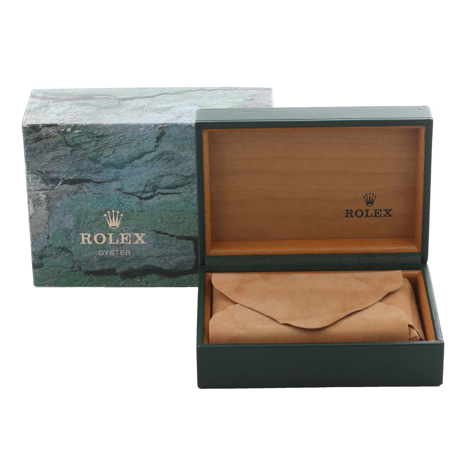 The image shows the packaging for a Rolex Turn-o-Graph 16264 Men's Stainless Steel Black Dial 16264 Men's Stainless Steel Black Dial, featuring an outer box and an open display box with a pouch inside.