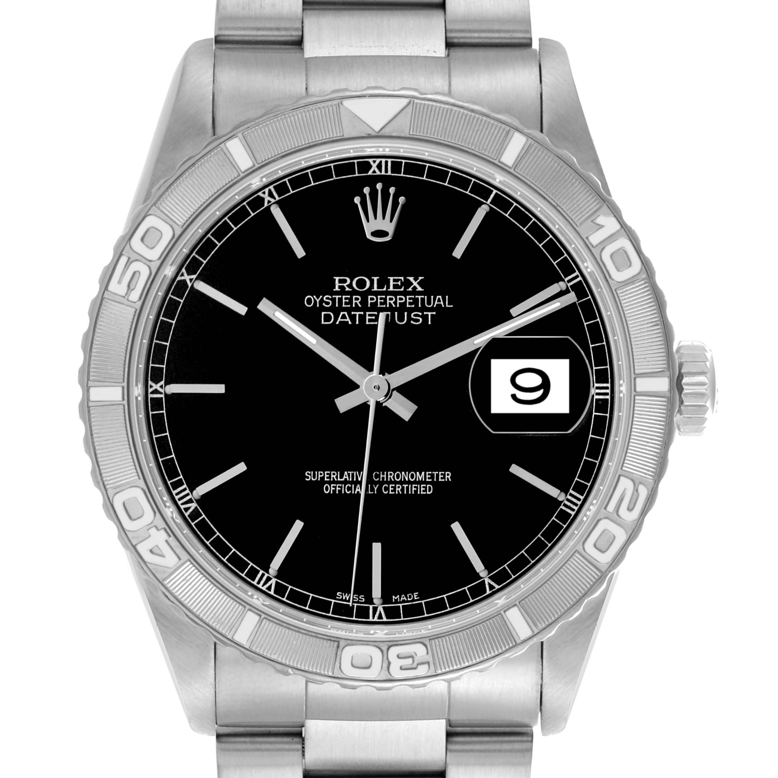 The Rolex Turn-o-Graph 16264 Men's Stainless Steel Black Dial 16264 Men's Stainless Steel Black Dial watch is shown from the front, displaying the dial, bezel, date window, and part of the bracelet.