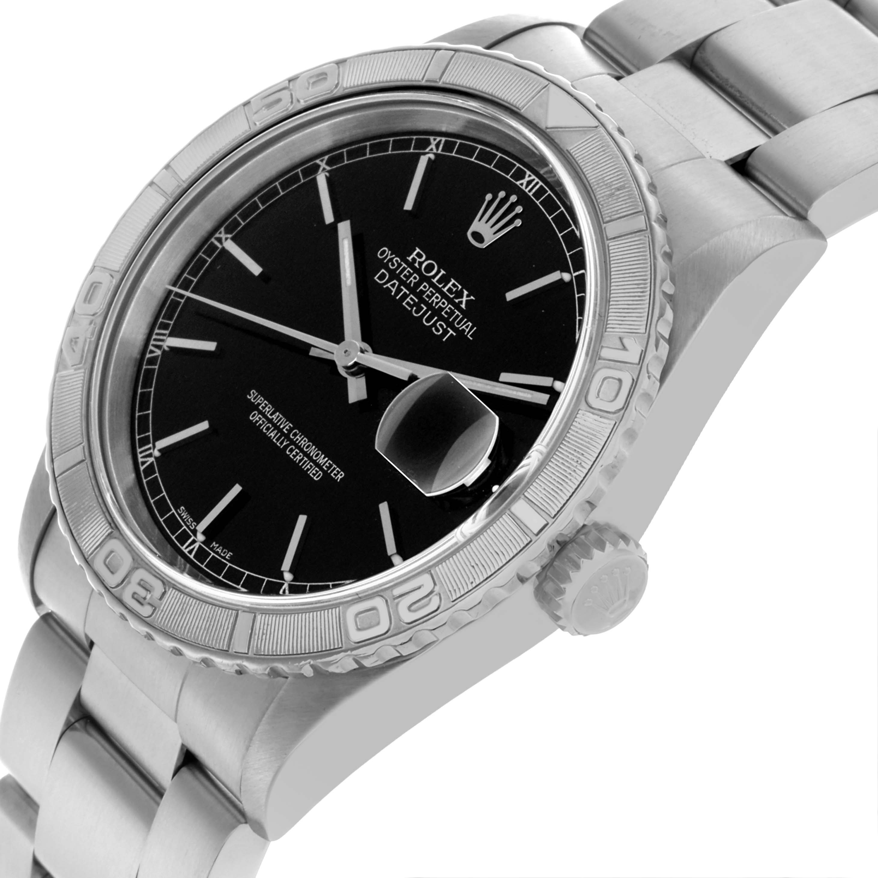 The image shows a Rolex Turn-o-Graph 16264 Men's Stainless Steel Black Dial 16264 Men's Stainless Steel Black Dial watch at a slight angle, highlighting the bezel, crown, and part of the metal bracelet.