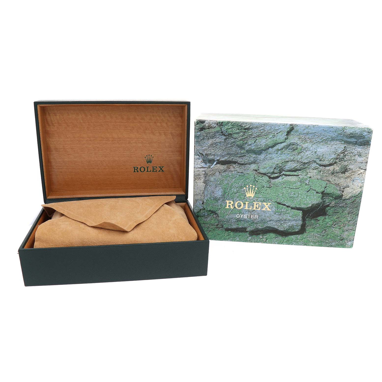 The image shows the packaging for a Rolex Turn-o-Graph 16263 Men's Steel and Gold (two tone) Black Dial, featuring a watch box and an outer box with branding.