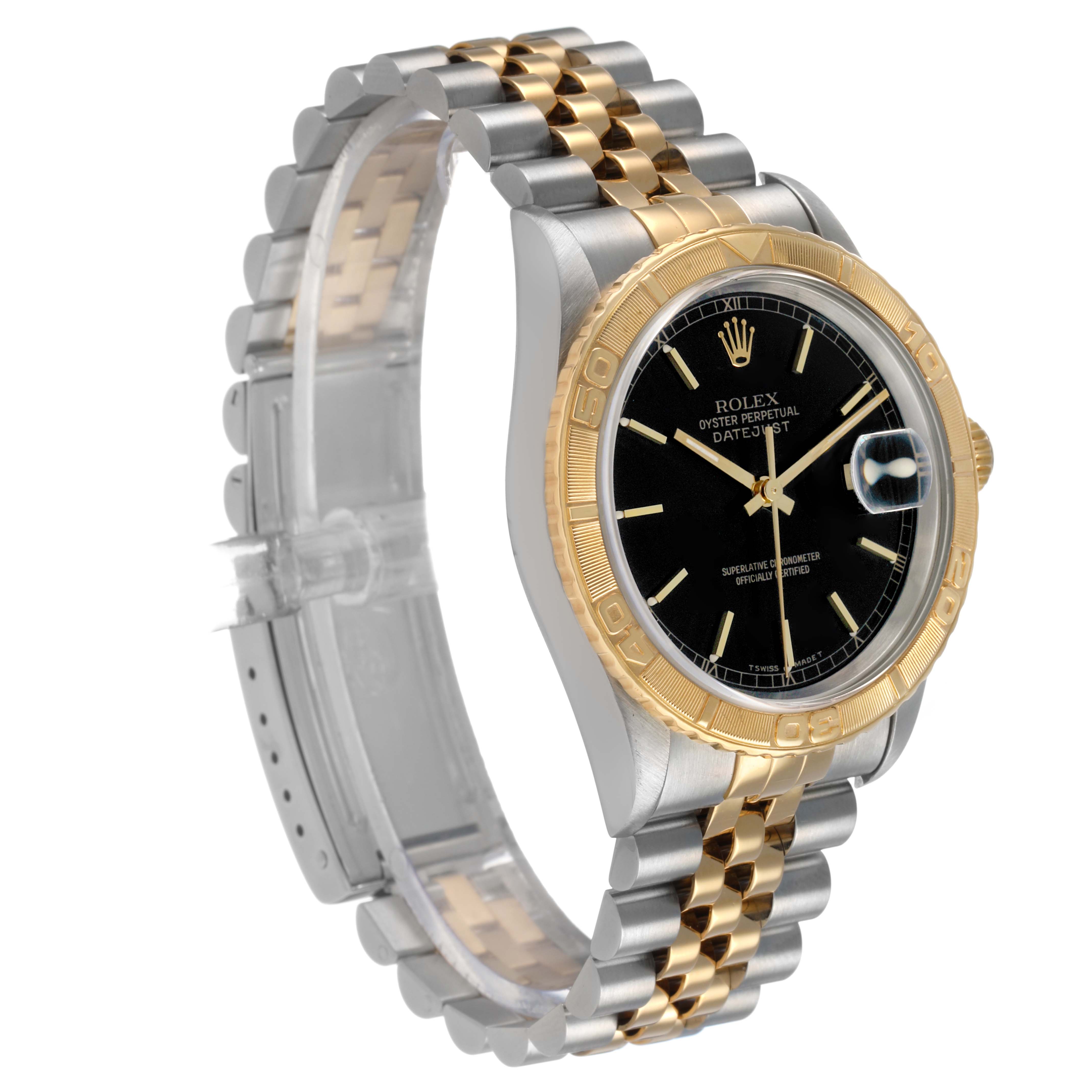 The Rolex Turn-o-Graph 16263 Men's Steel and Gold (two tone) Black Dial watch is shown at a three-quarter angle, highlighting the bezel, dial, and bracelet.