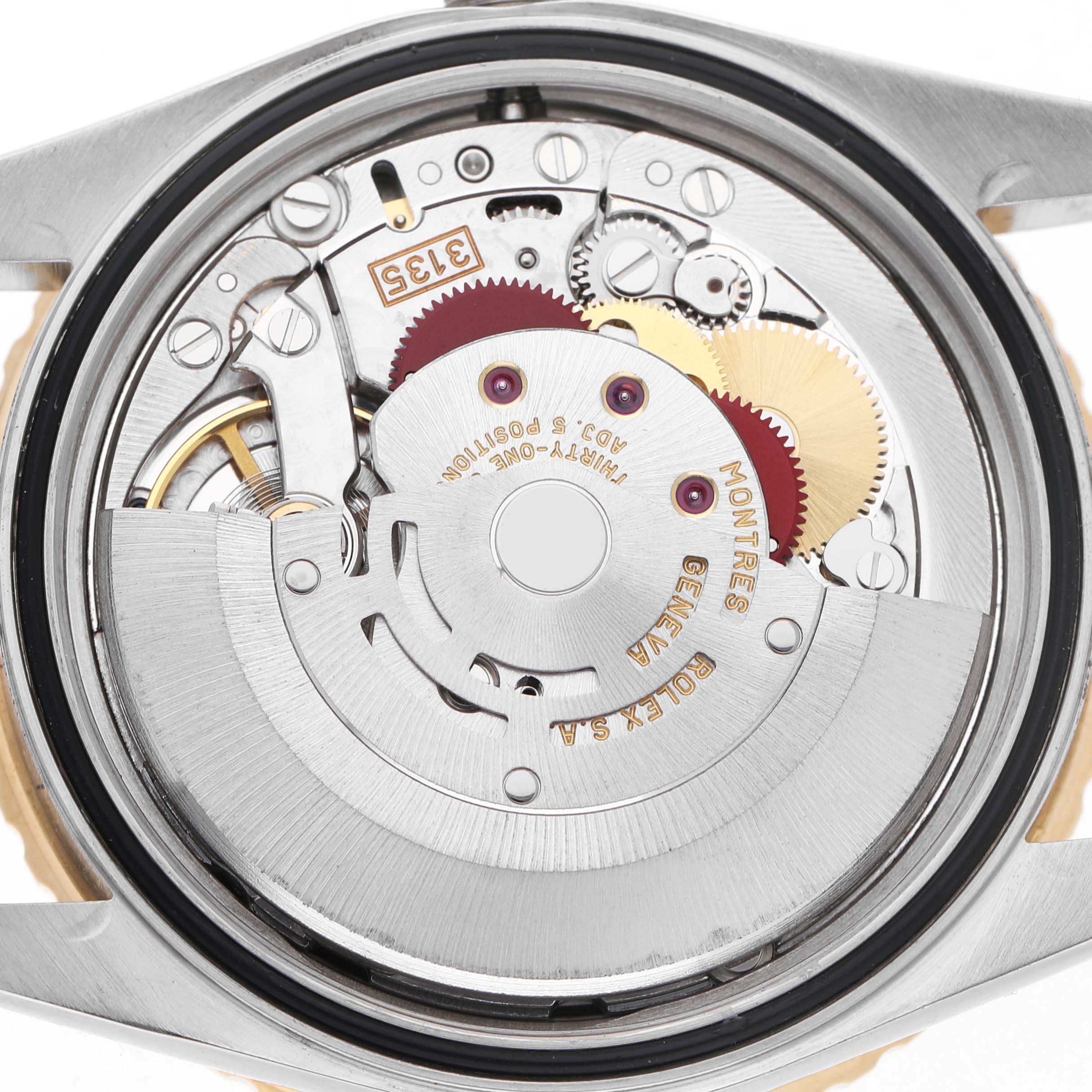 The image shows the inner mechanical movement of a Rolex Turn-o-Graph 16263 Men's Steel and Gold (two tone) Black Dial watch from a top-down angle.
