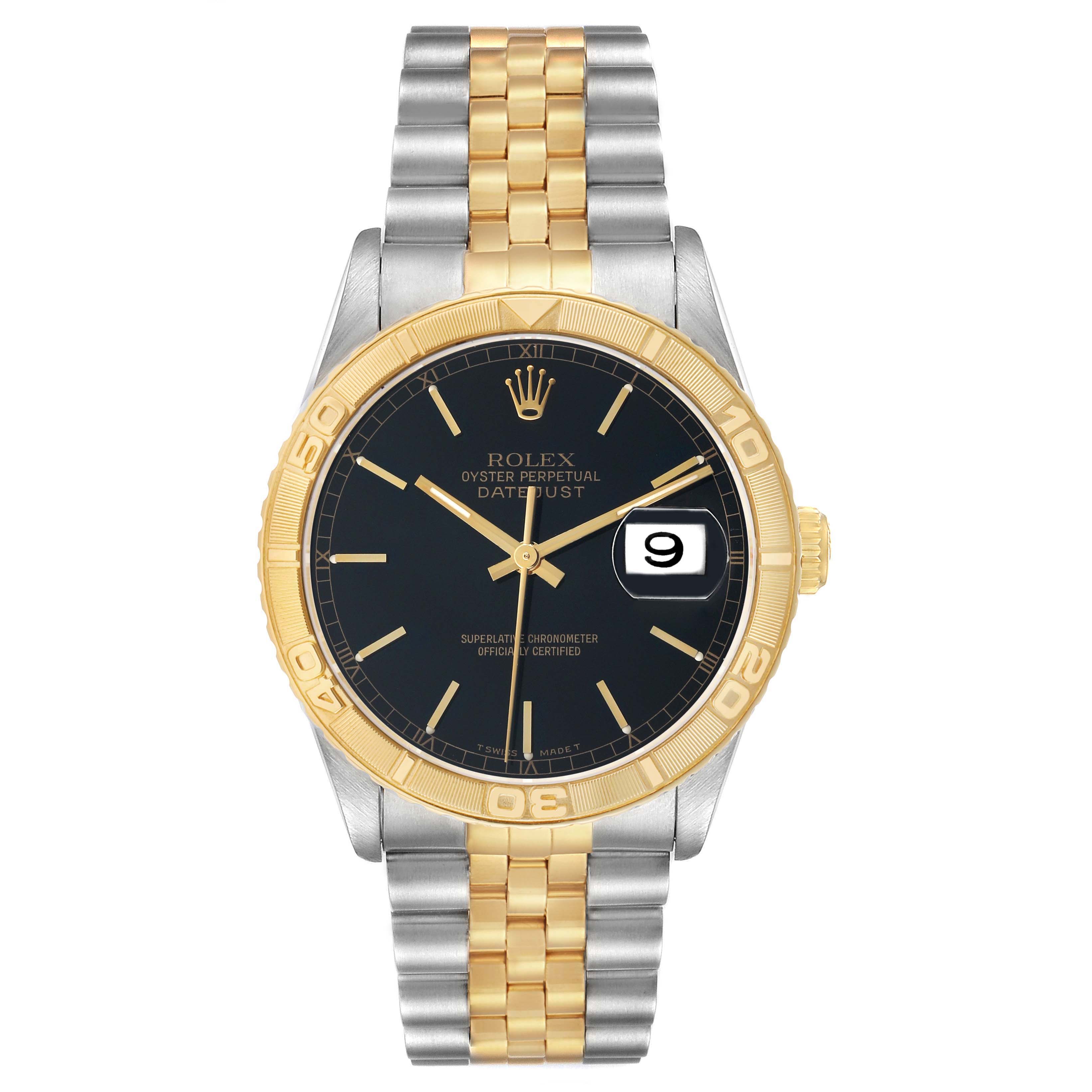The image shows a Rolex Turn-o-Graph 16263 Men's Steel and Gold (two tone) Black Dial watch straight on, highlighting its bezel, dial, and bracelet.