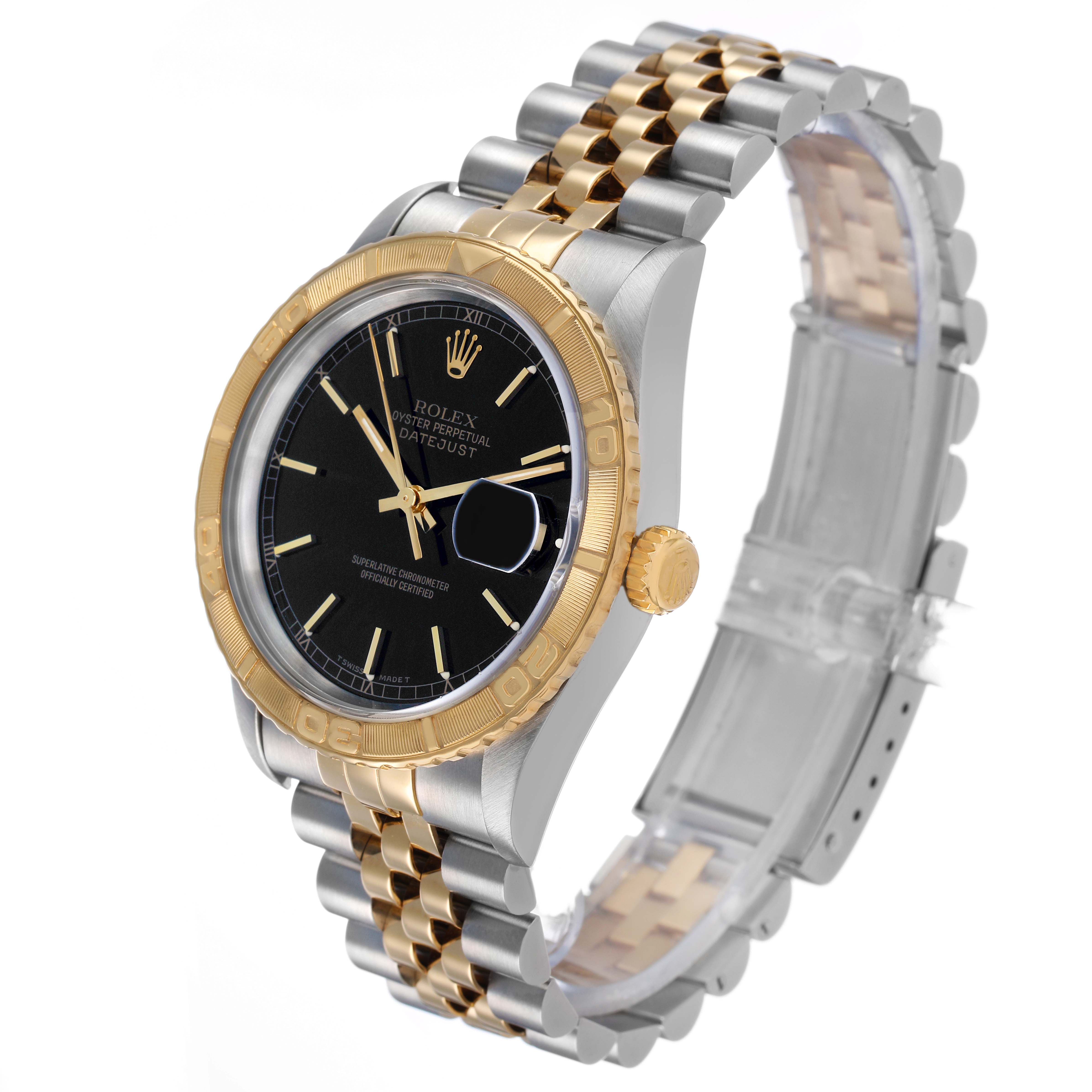 The Rolex Turn-o-Graph 16263 Men's Steel and Gold (two tone) Black Dial watch is shown at a three-quarter angle, highlighting the gold bezel, black dial, and two-tone bracelet.
