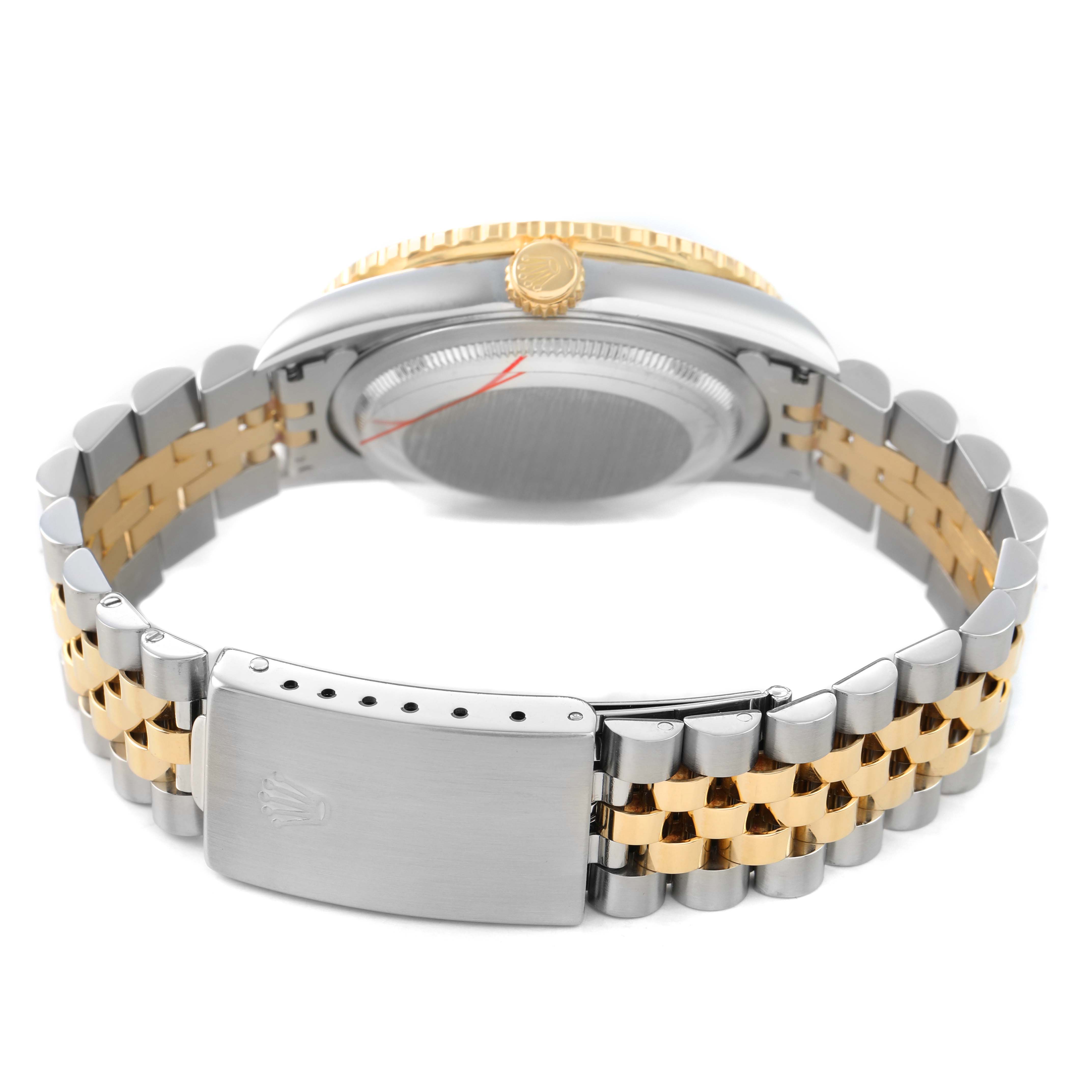 The image shows a Rolex Turn-o-Graph 16263 Men's Steel and Gold (two tone) Black Dial watch from the backside, highlighting the stainless steel and gold jubilee bracelet and clasp.