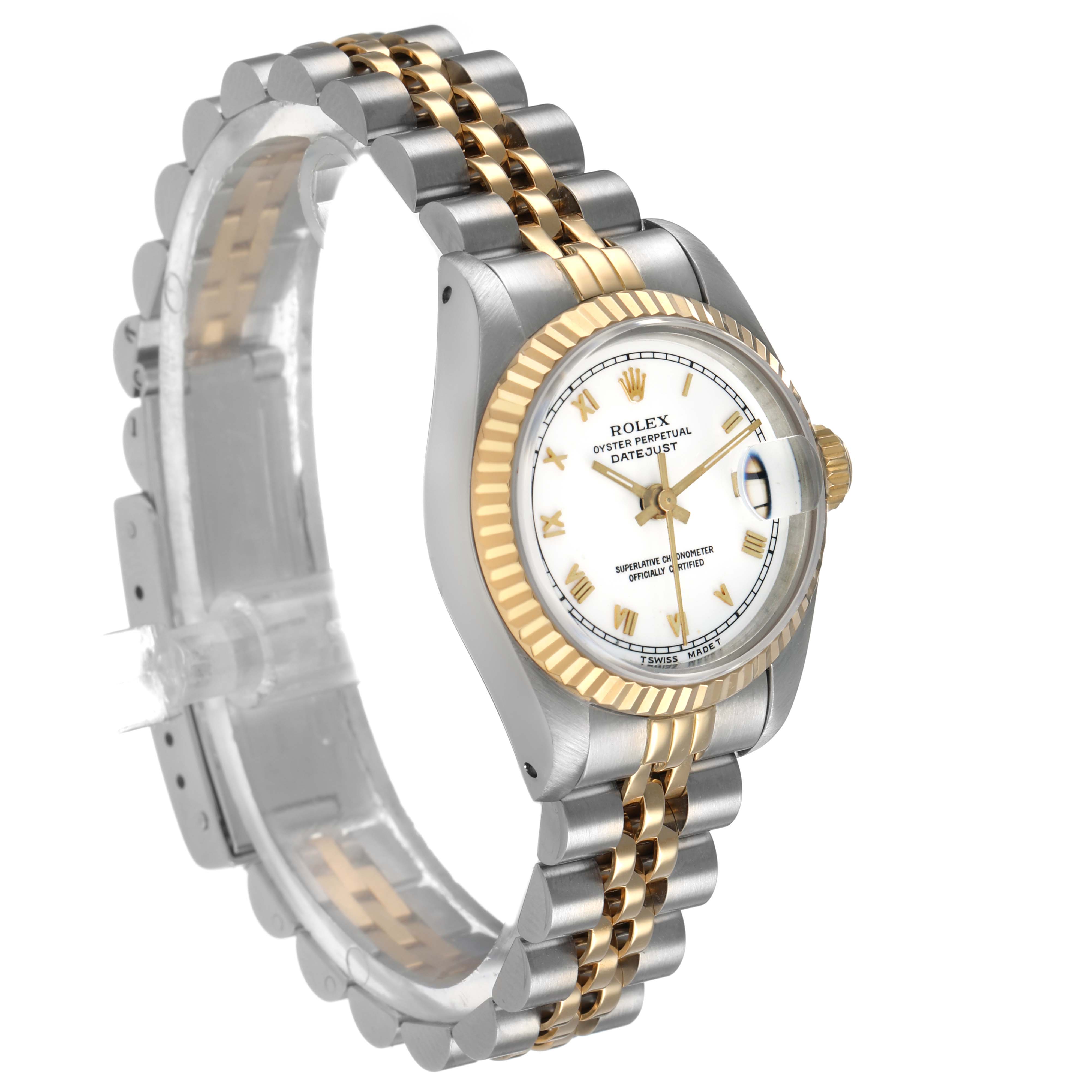 The Rolex Datejust 69173 Women's Steel and Gold (two tone) White Dial is shown at a three-quarter angle, displaying the face, fluted bezel, and two-tone jubilee bracelet.
