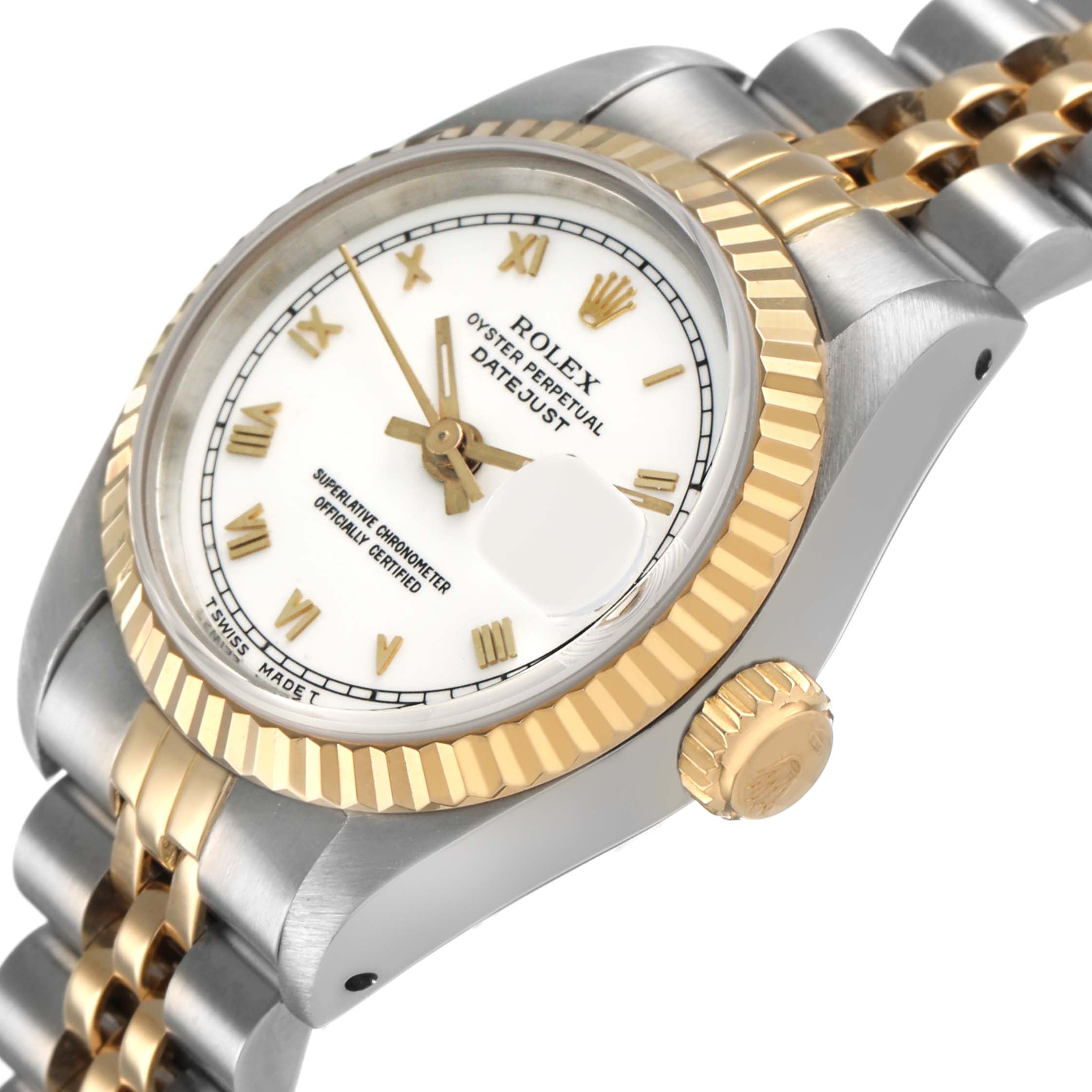 The Rolex Datejust 69173 Women's Steel and Gold (two tone) White Dial watch is shown at an angle highlighting the bezel, crown, and part of the bracelet.