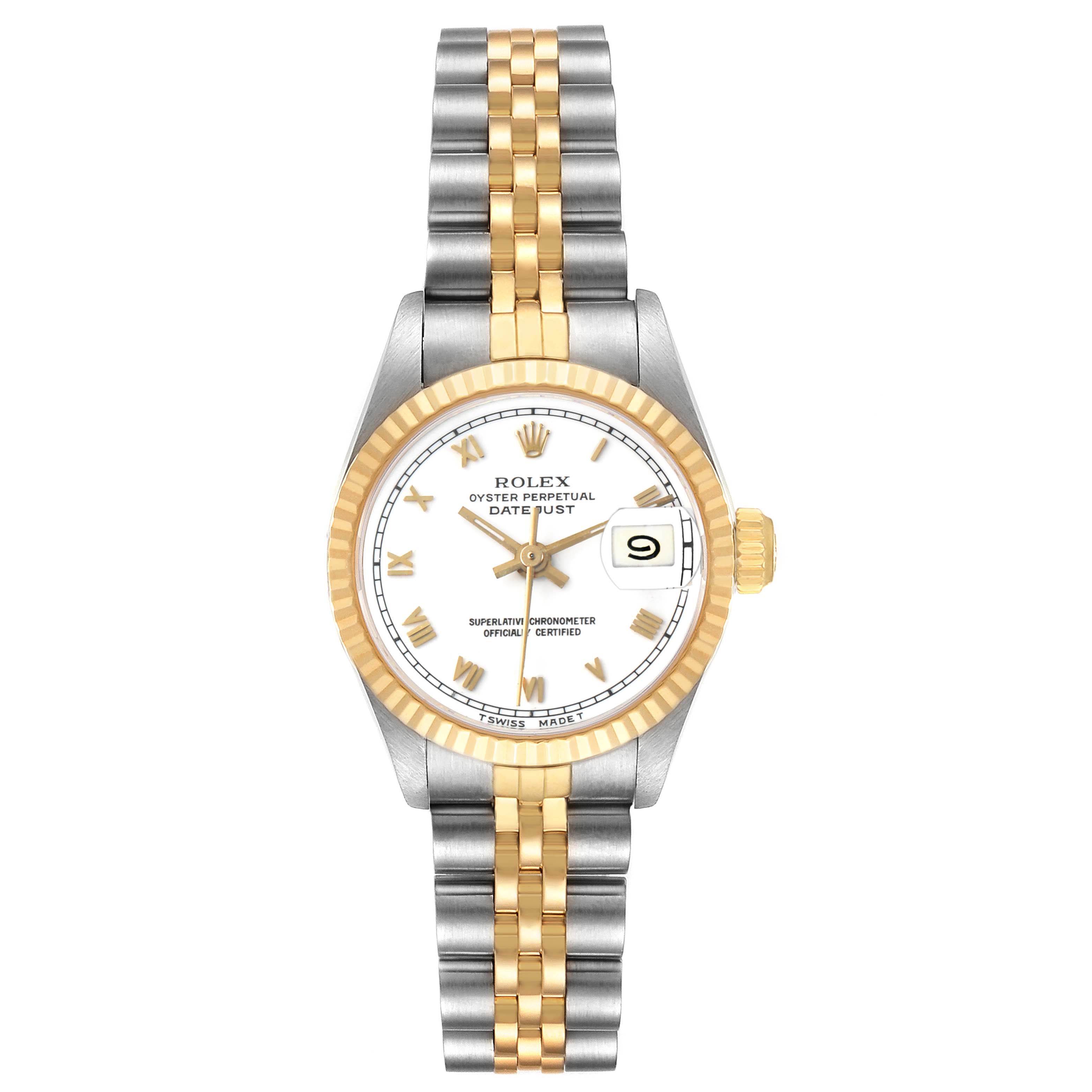 The Rolex Datejust 69173 Women's Steel and Gold (two tone) White Dial watch is shown from a front angle, displaying the dial, bezel, case, crown, and two-tone bracelet.
