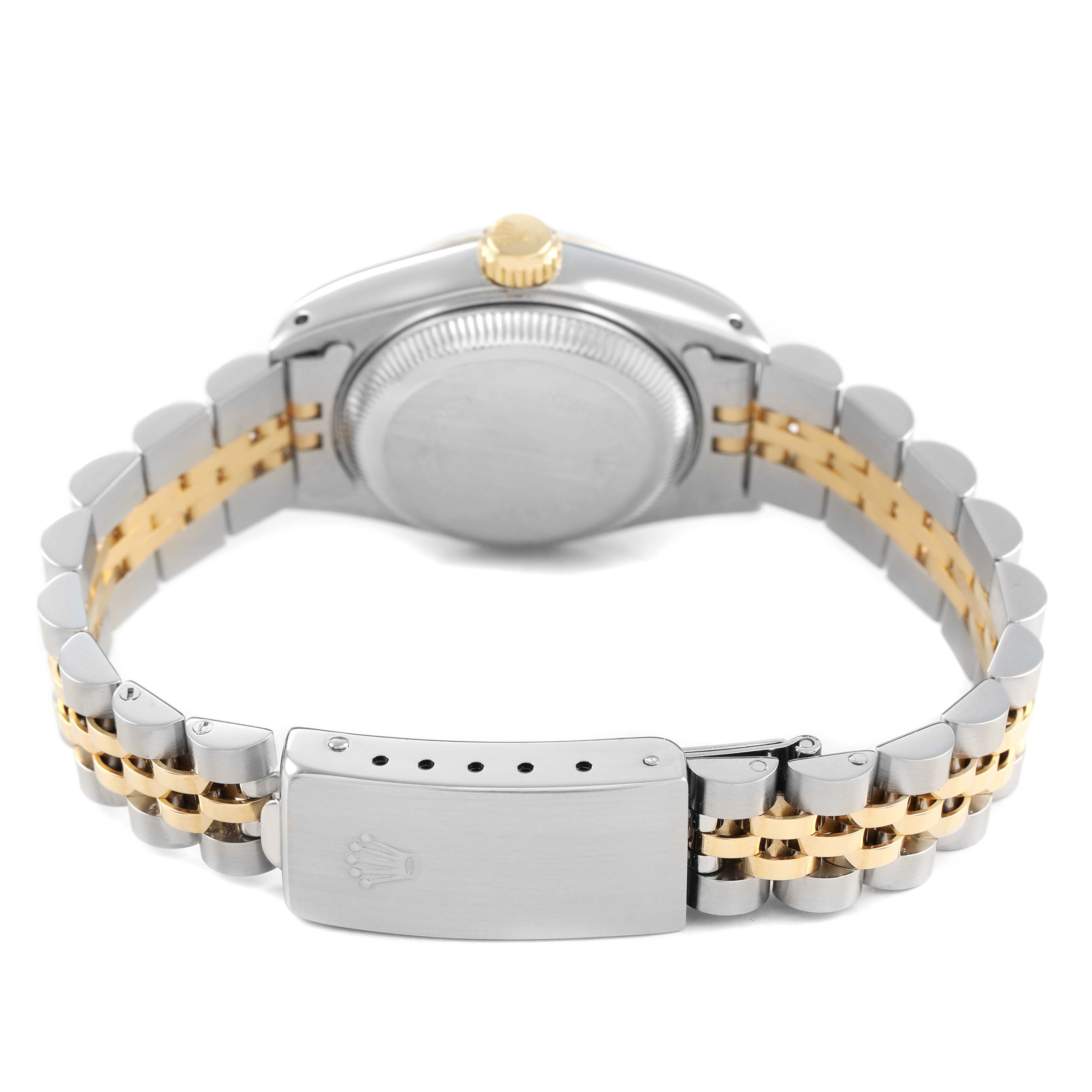 The image shows the back of a Rolex Datejust 69173 Women's Steel and Gold (two tone) White Dial, focusing on the case, crown, and two-tone bracelet with clasp.