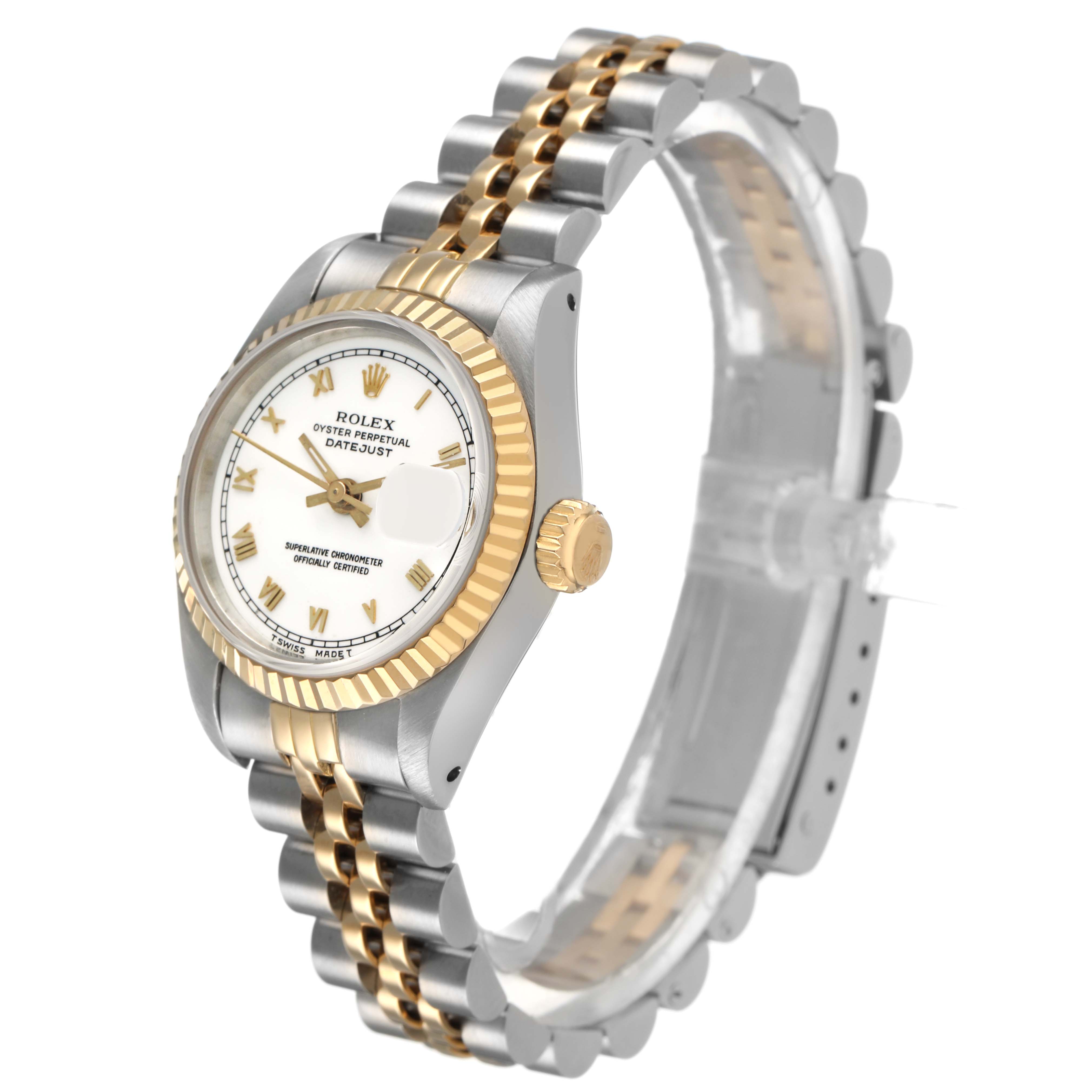 The Rolex Datejust 69173 Women's Steel and Gold (two tone) White Dial watch is shown at a 3/4 angle, highlighting its face, crown, fluted bezel, and two-tone bracelet.