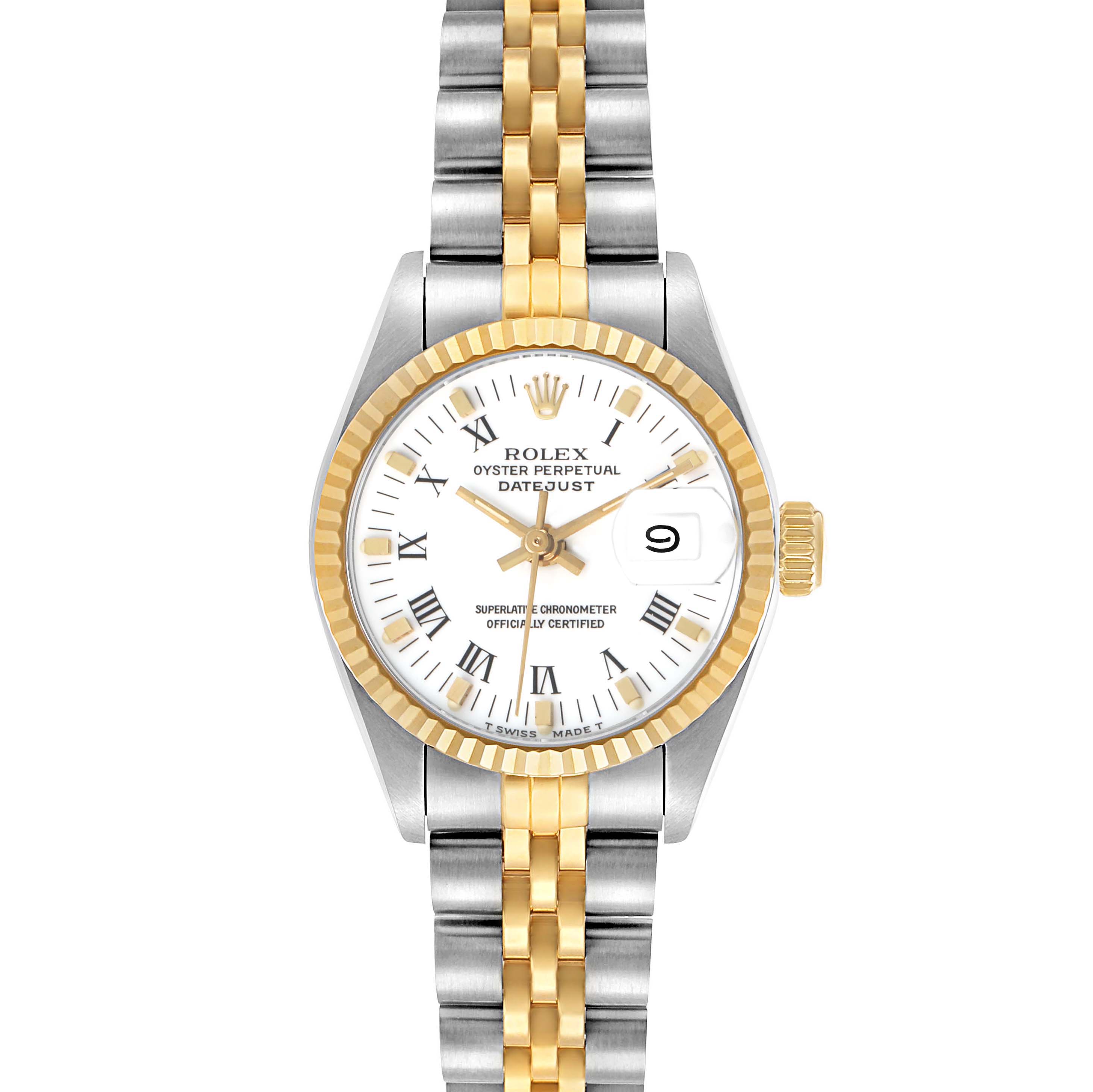 The Rolex Datejust 69173 Women's Steel and Gold (two tone) White Dial watch is shown from the front, displaying the dial, bezel, crown, and bracelet.