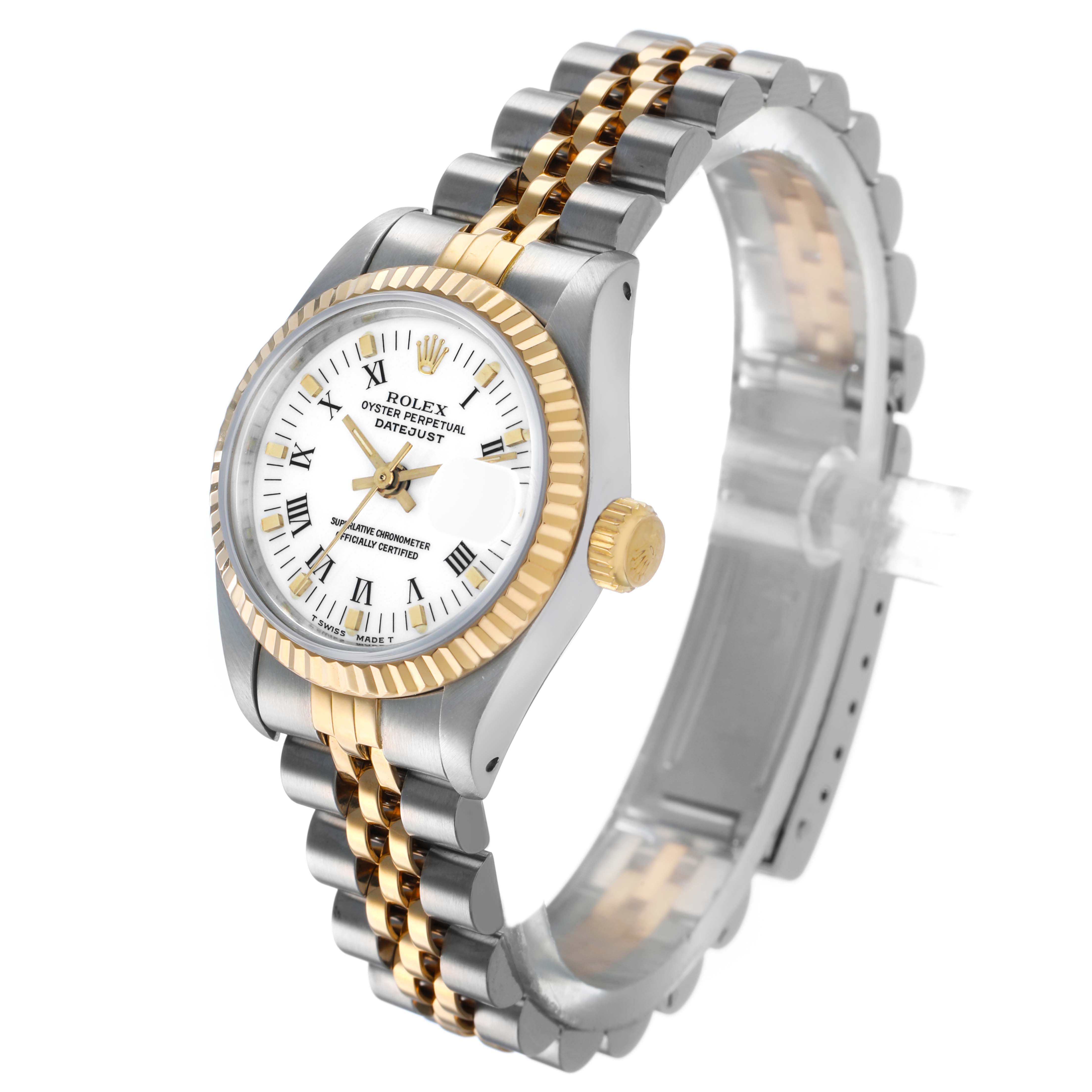 The Rolex Datejust 69173 Women's Steel and Gold (two tone) White Dial watch is shown from a slightly angled top-down view, highlighting the gold and silver bracelet and fluted bezel.