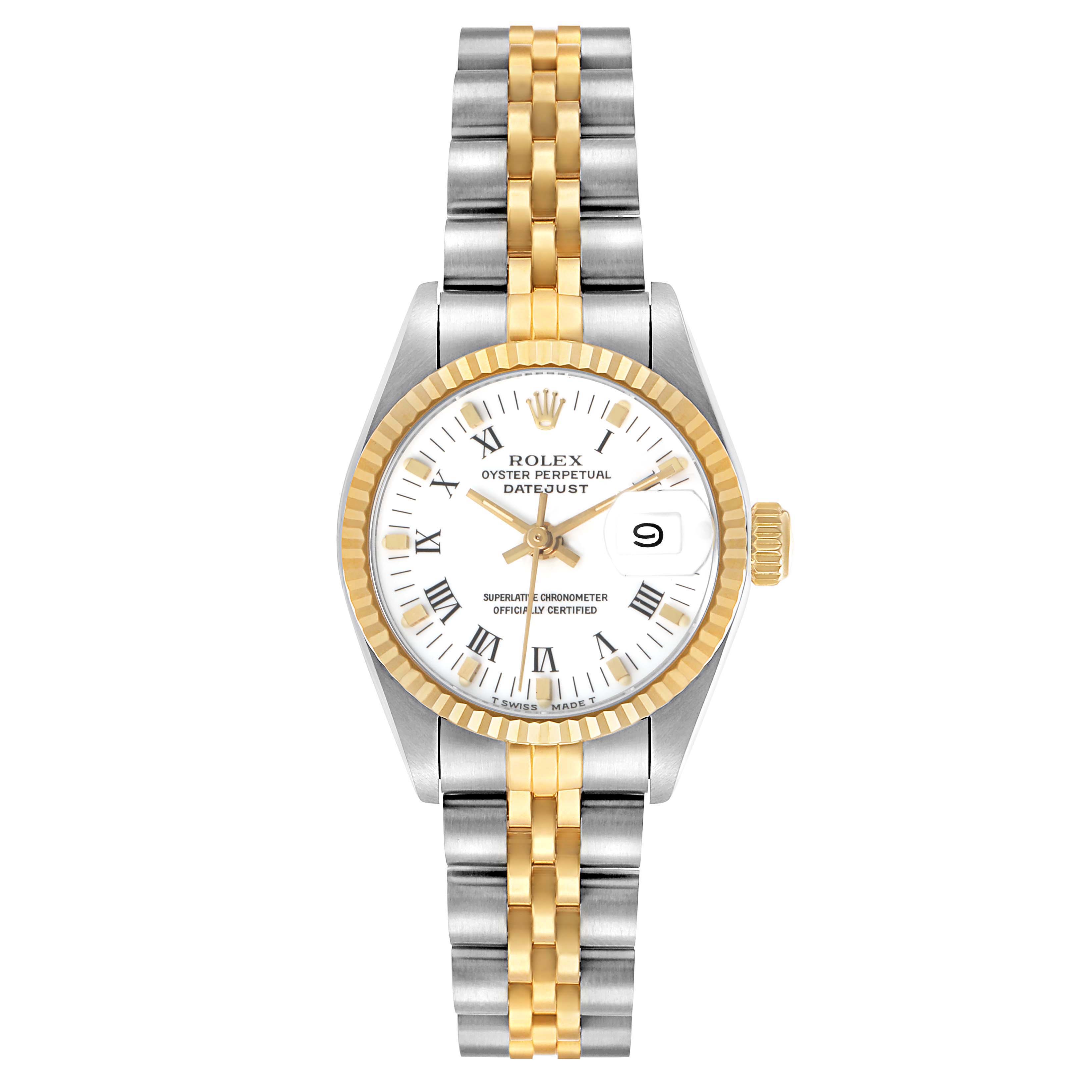 The Rolex Datejust 69173 Women's Steel and Gold (two tone) White Dial watch is shown from a top-down angle, highlighting the dial, bezel, and bracelet.