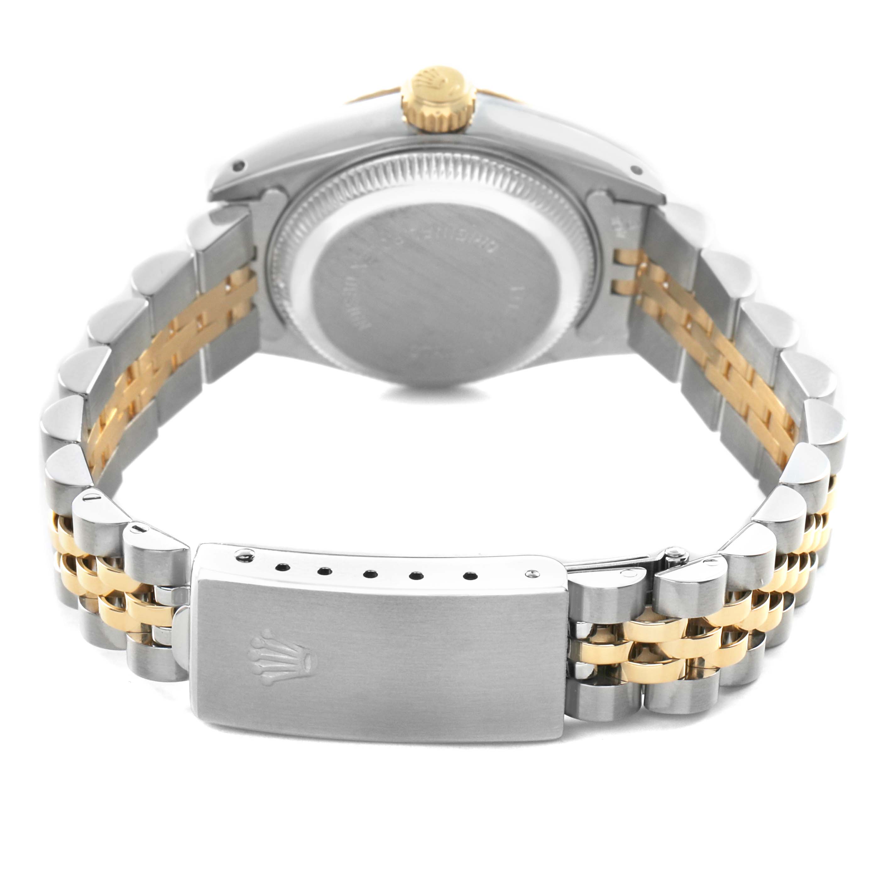 The image shows the back view of a Rolex Datejust 69173 Women's Steel and Gold (two tone) White Dial watch highlighting the case back, crown, and two-tone bracelet with the clasp.