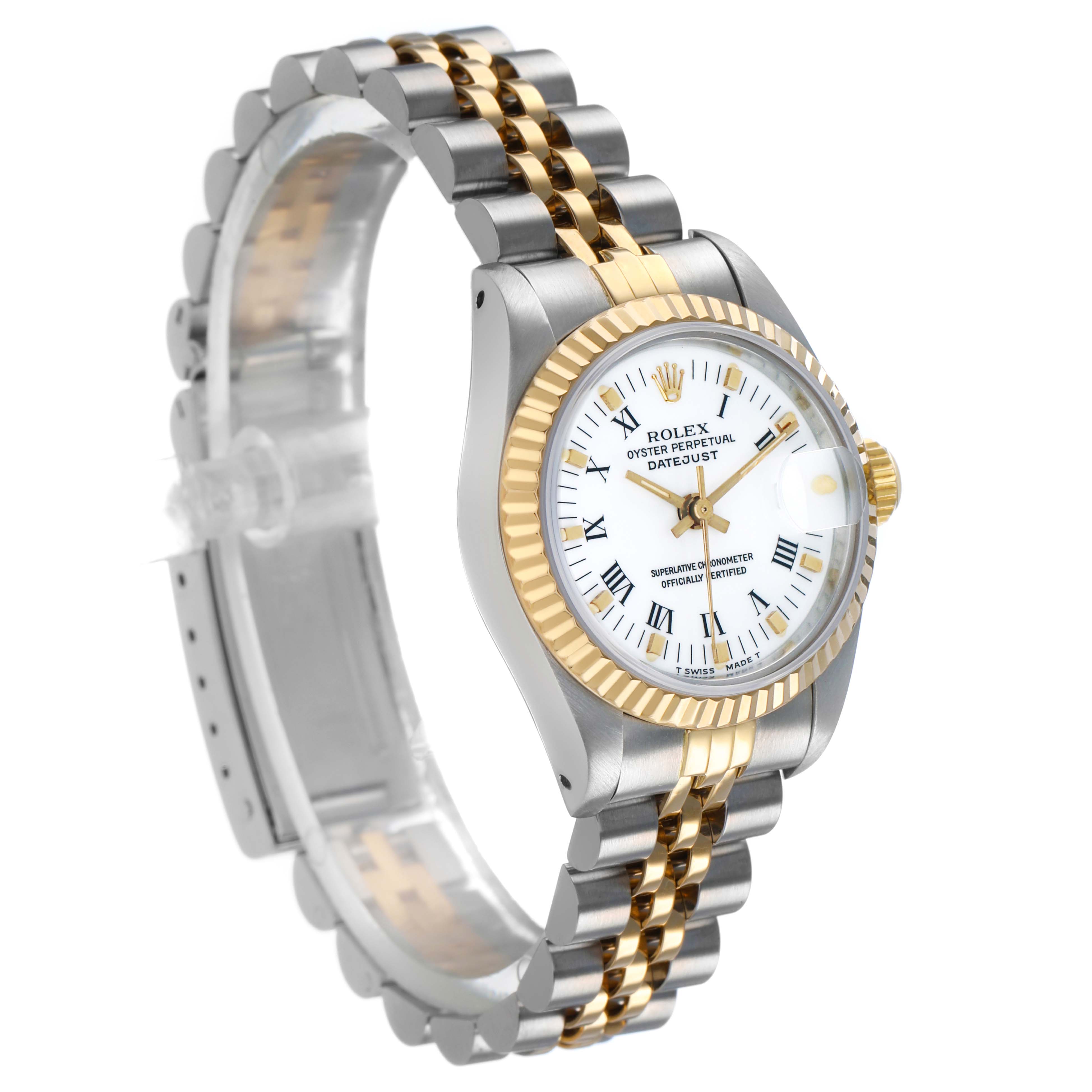 The Rolex Datejust 69173 Women's Steel and Gold (two tone) White Dial watch is shown at a three-quarter angle, highlighting its two-tone bracelet and bezel.