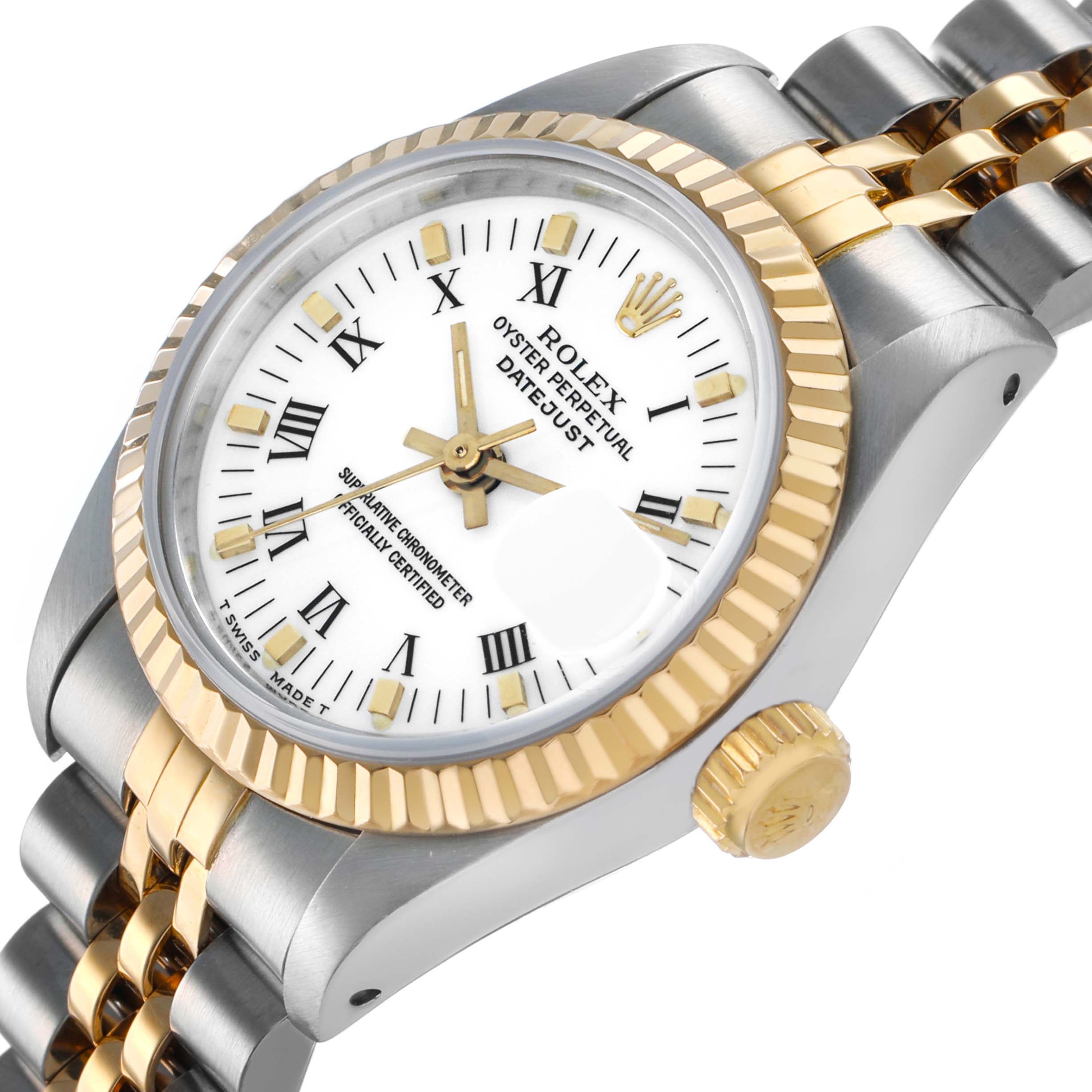 The Rolex Datejust 69173 Women's Steel and Gold (two tone) White Dial watch is shown at an angle highlighting the face, bezel, crown, and part of the bracelet.