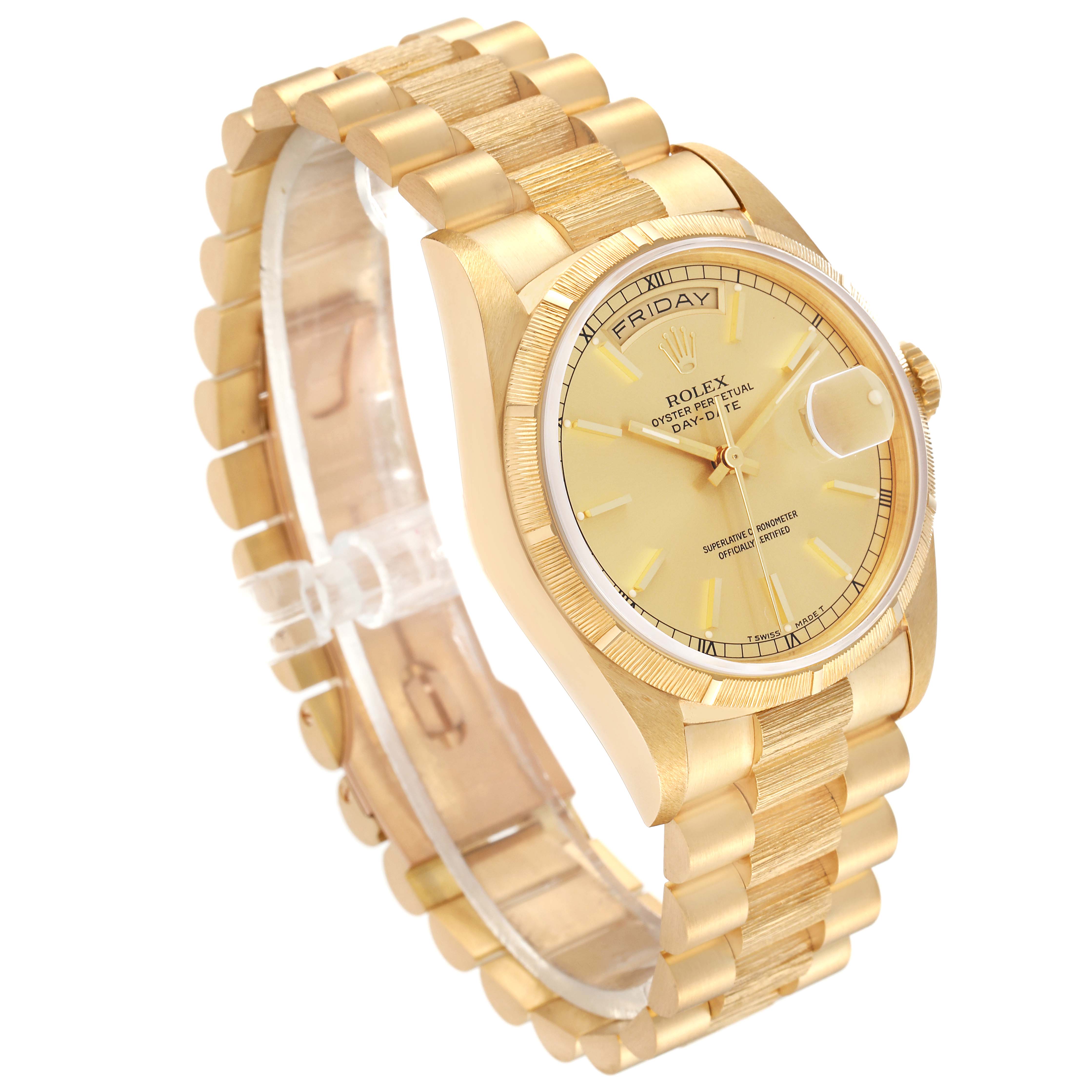 The image shows a side angle of the Rolex President 18248 Men's Yellow Gold Champagne Dial 18248 Men's Yellow Gold Champagne Dial model watch, highlighting its gold band and dial.