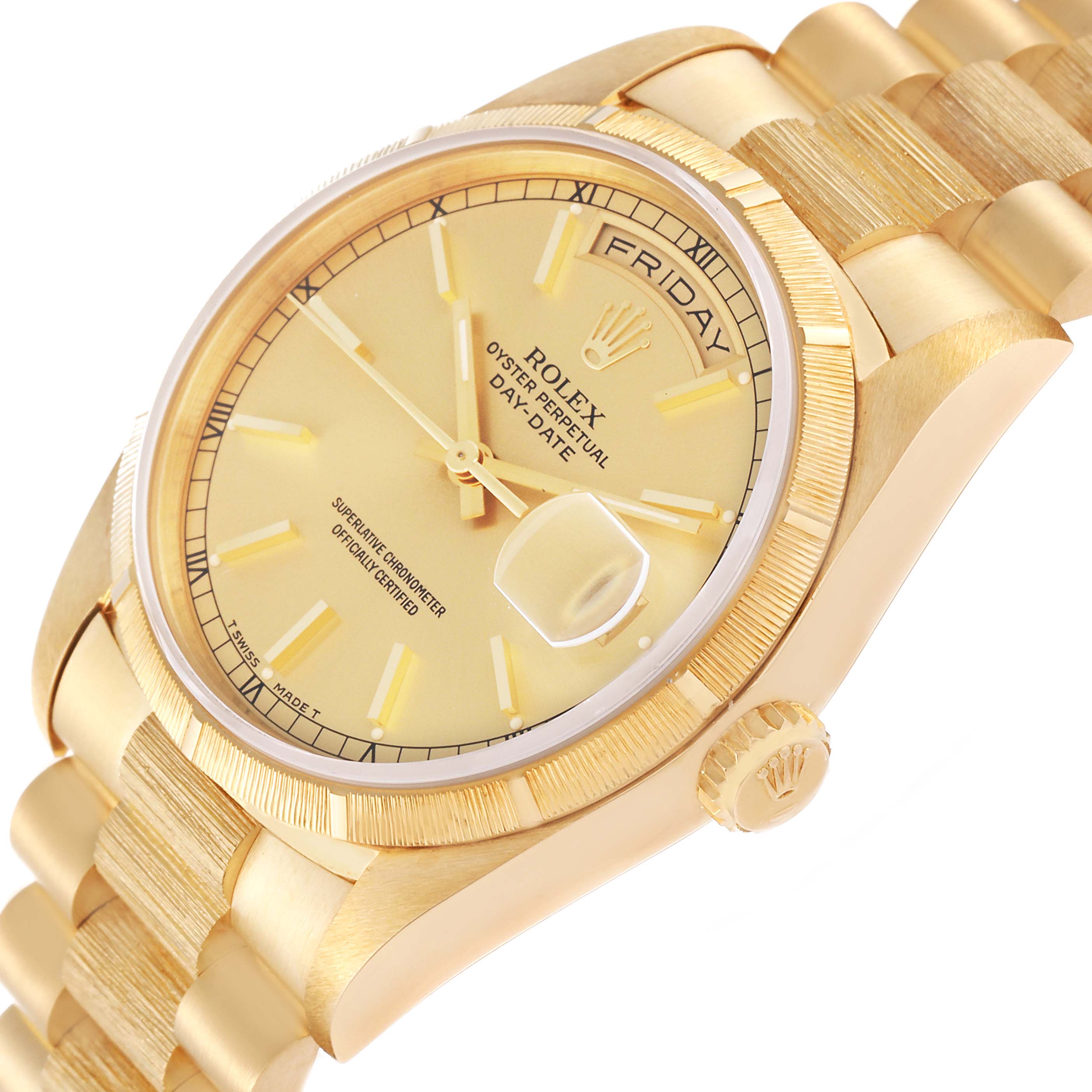 The image shows a close-up view of a Rolex President 18248 Men's Yellow Gold Champagne Dial 18248 Men's Yellow Gold Champagne Dial model watch, highlighting the dial, bezel, and part of the bracelet.
