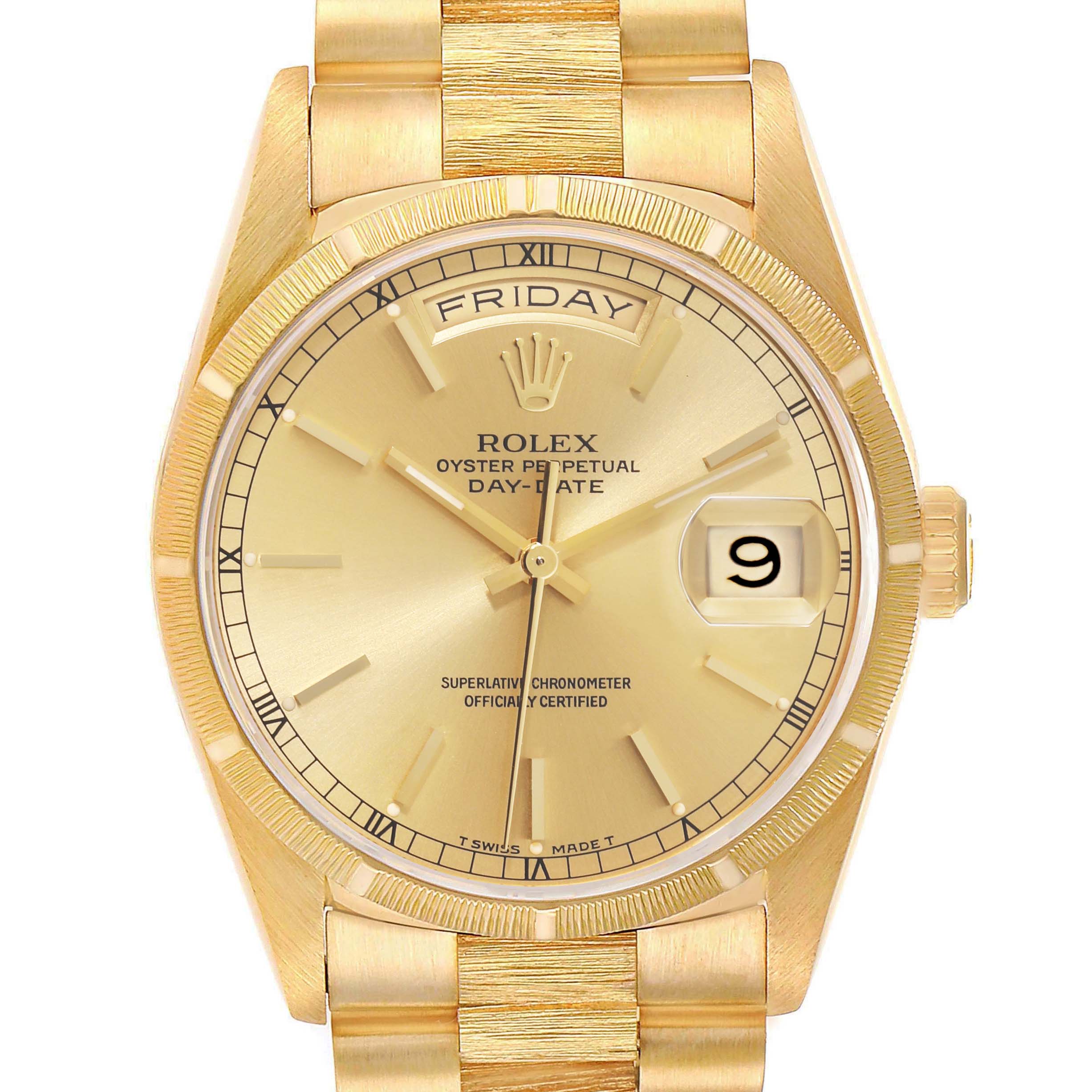 This is a front view of a Rolex President 18248 Men's Yellow Gold Champagne Dial 18248 Men's Yellow Gold Champagne Dial model watch, showing the dial, bracelet, and day-date feature.