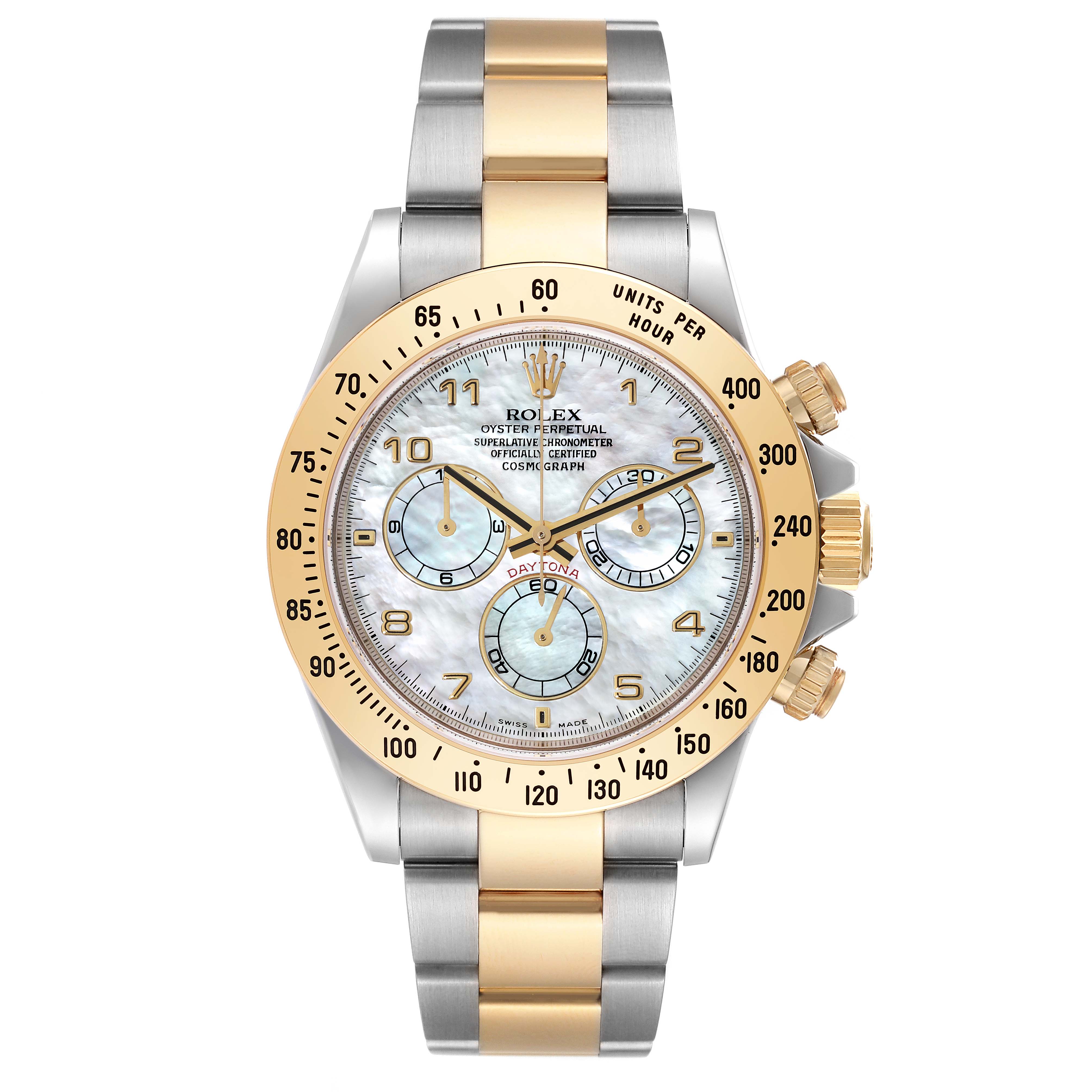 This image shows a front-facing view of a Rolex Daytona 116523 Men's Steel and Gold (two tone) Mother of Pearl Dial 116523 Men's Steel and Gold (two tone) Mother of Pearl Dial watch, featuring a two-tone metal bracelet and a mother-of-pearl dial.