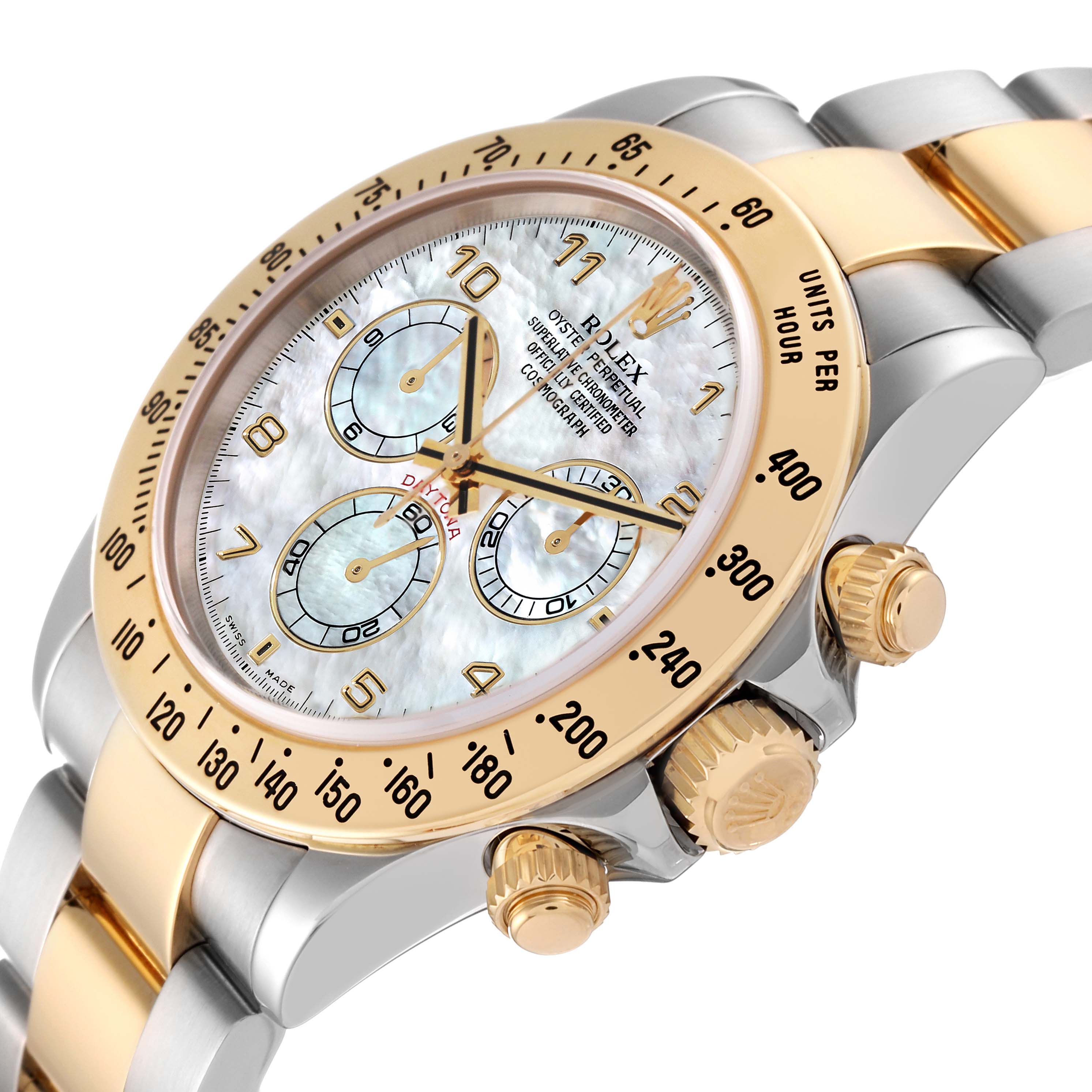 The image shows a Rolex Daytona 116523 Men's Steel and Gold (two tone) Mother of Pearl Dial 116523 Men's Steel and Gold (two tone) Mother of Pearl Dial watch at a slight angle, highlighting the bezel, dial, subdials, crown, and part of the bracelet.