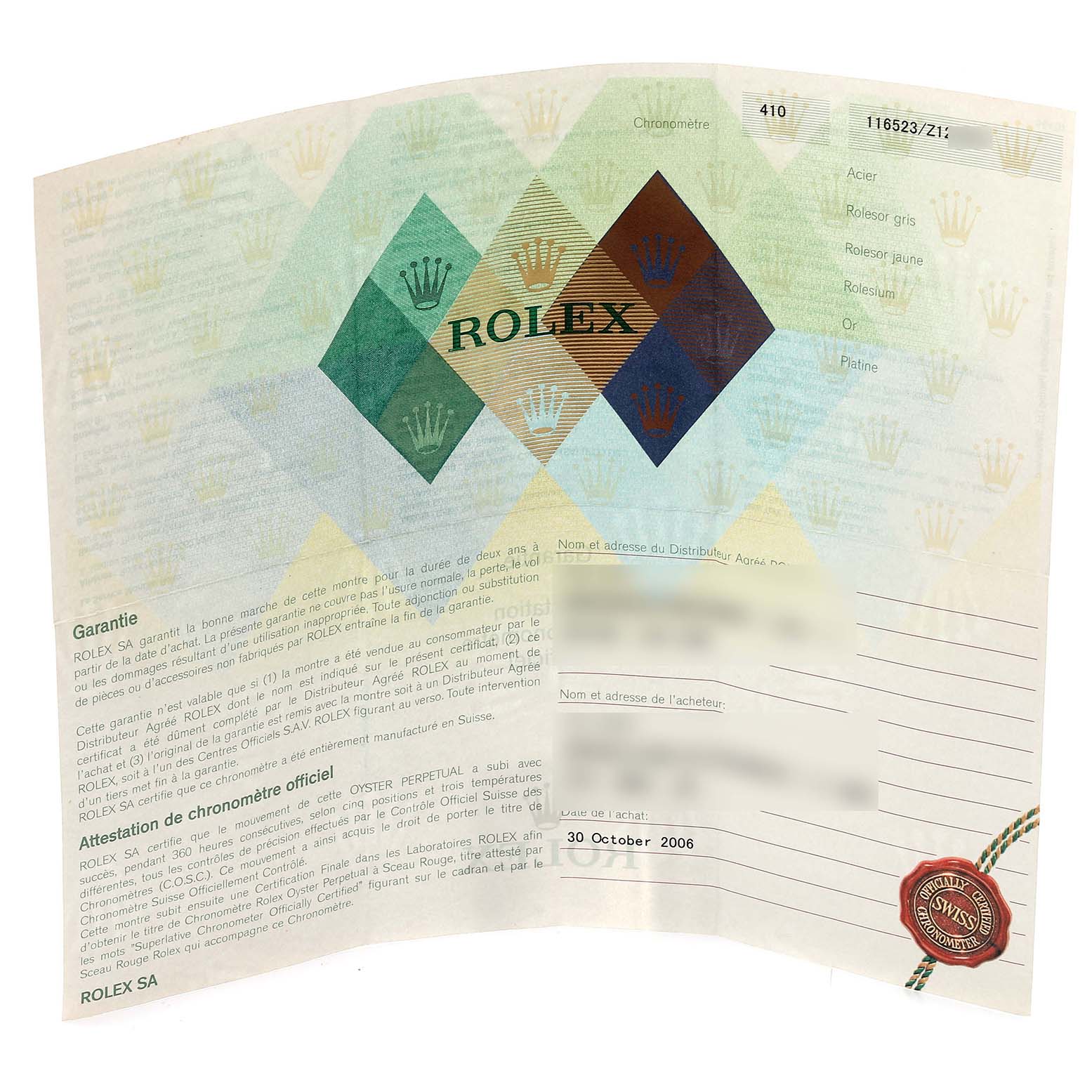 The image shows a warranty and certification booklet for a Rolex Daytona 116523 Men's Steel and Gold (two tone) Mother of Pearl Dial 116523 Men's Steel and Gold (two tone) Mother of Pearl Dial watch.