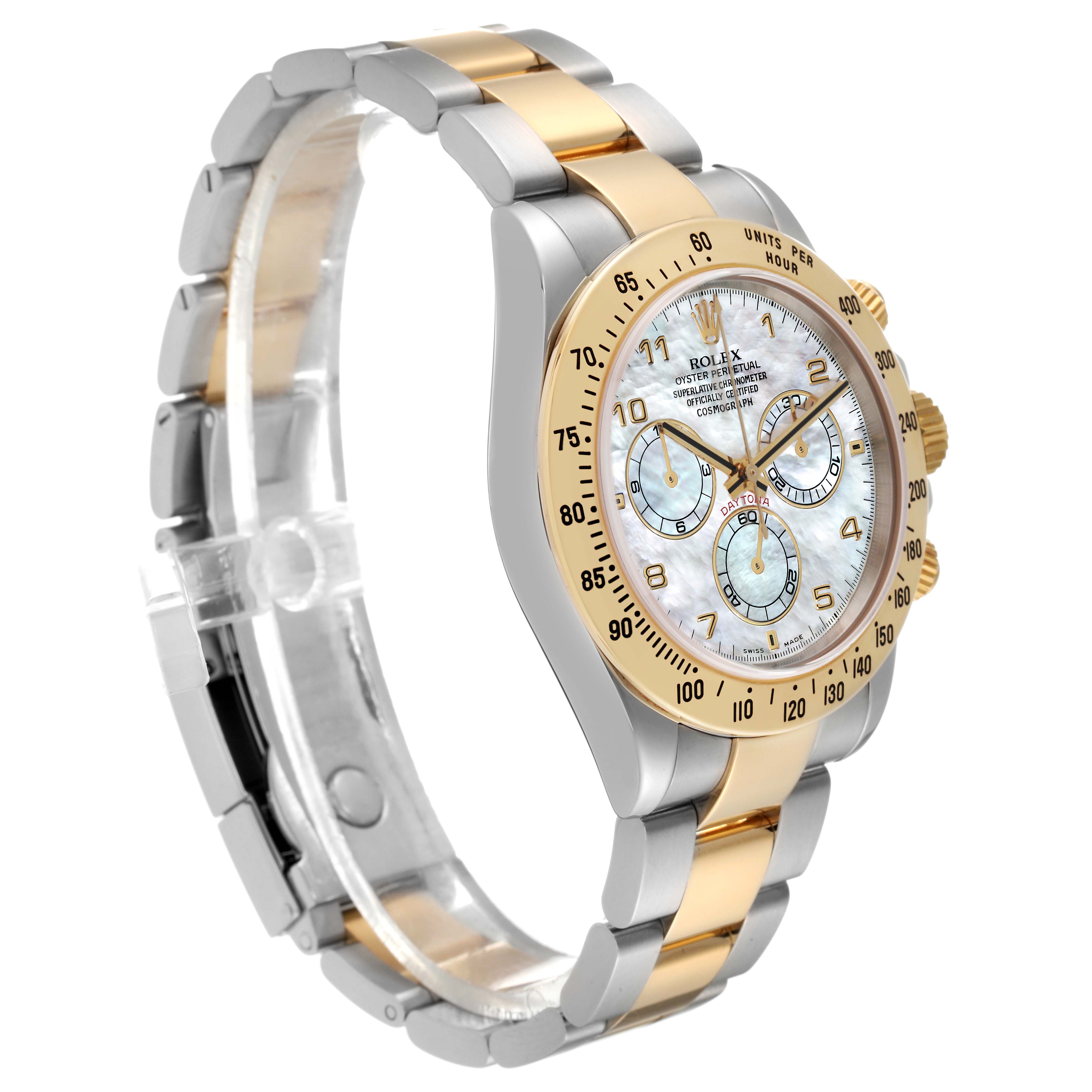 The Rolex Daytona 116523 Men's Steel and Gold (two tone) Mother of Pearl Dial 116523 Men's Steel and Gold (two tone) Mother of Pearl Dial watch is shown from a side angle, highlighting its two-tone bracelet, bezel, and watch face with subdials.