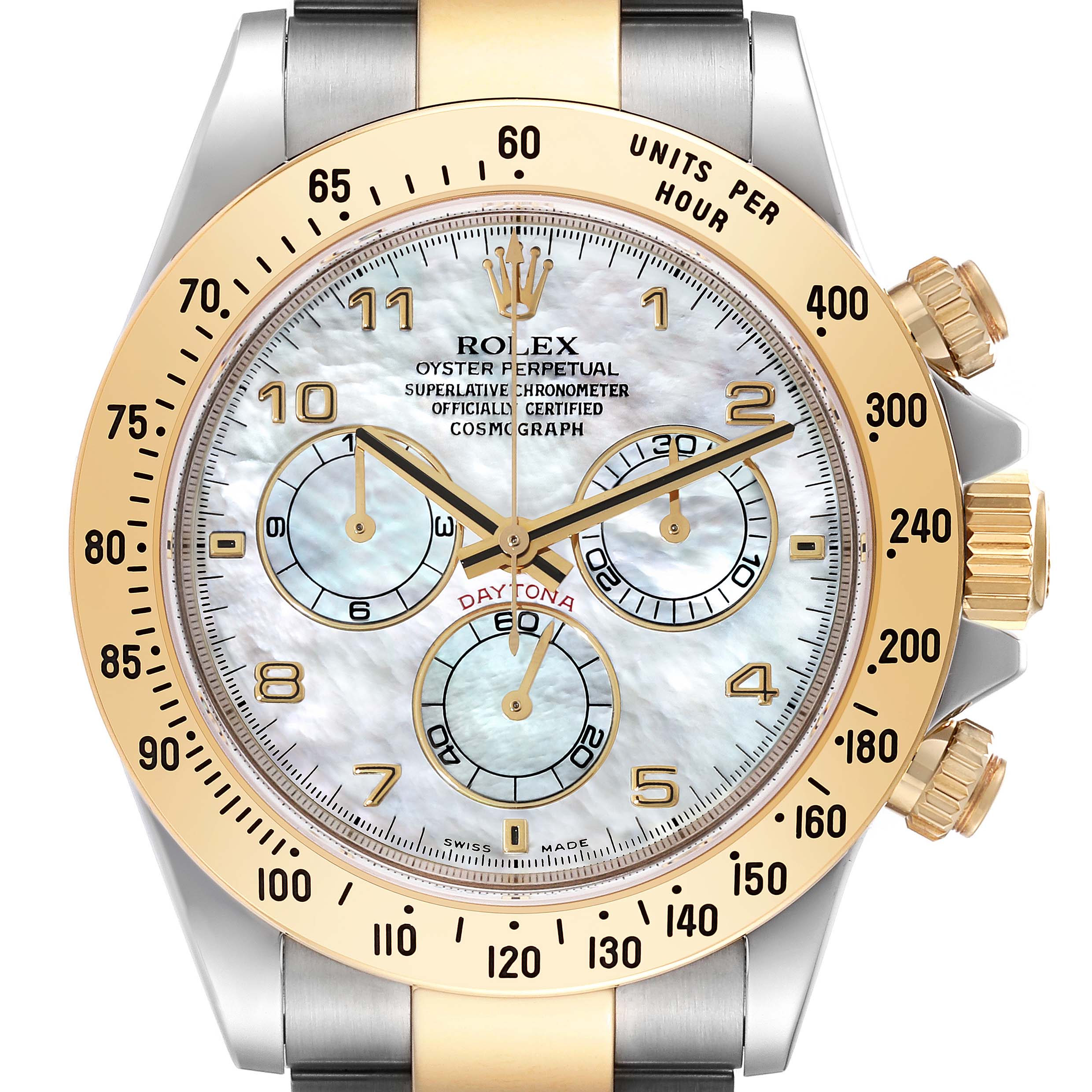 This image shows the face of the Rolex Daytona 116523 Men's Steel and Gold (two tone) Mother of Pearl Dial 116523 Men's Steel and Gold (two tone) Mother of Pearl Dial watch, highlighting the dial, bezel, and pushers from a straight-on angle.