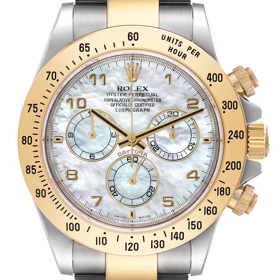 Rolex Daytona Yellow Gold Steel Mother of Pearl Mens Watch 116523 Box Papers SwissWatchExpo