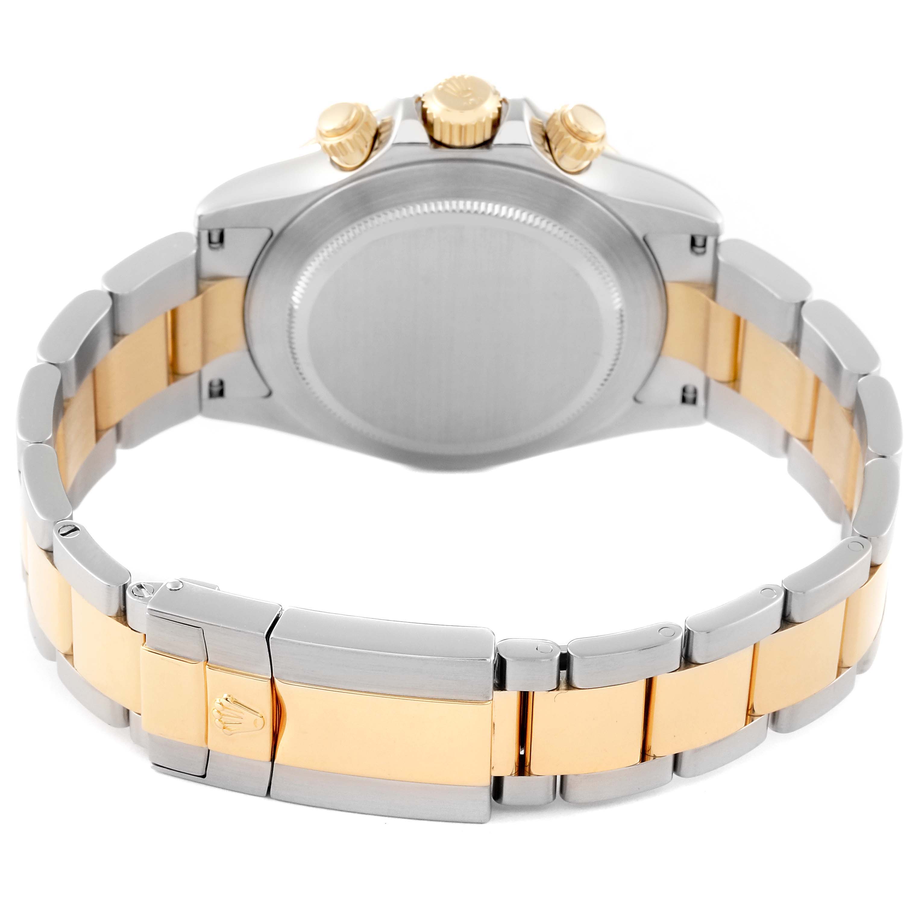 The image shows the back view of a Rolex Daytona 116523 Men's Steel and Gold (two tone) Mother of Pearl Dial 116523 Men's Steel and Gold (two tone) Mother of Pearl Dial watch, highlighting its case back, bezel, and two-tone bracelet with clasp.