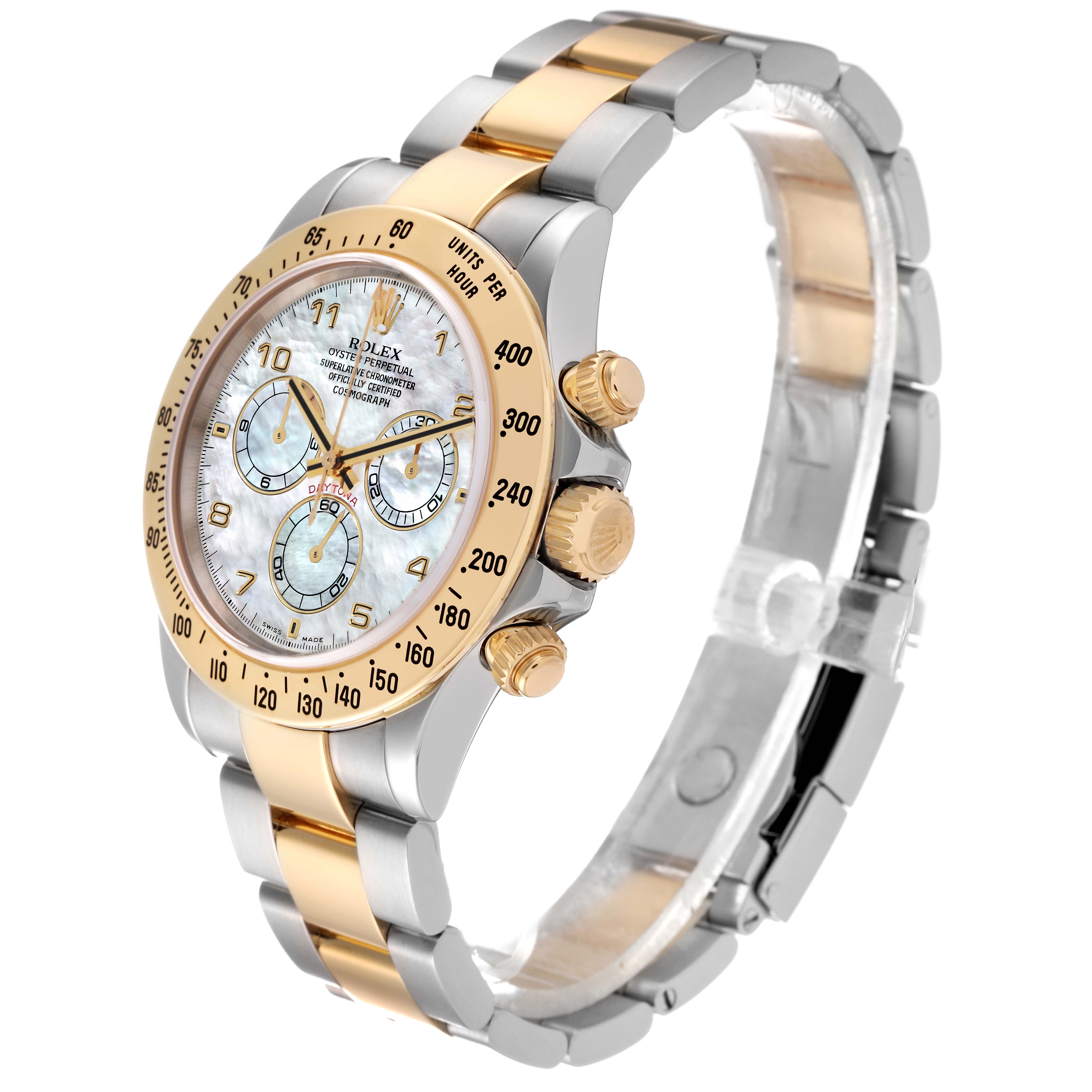 The image shows a side-angled view of a Rolex Daytona 116523 Men's Steel and Gold (two tone) Mother of Pearl Dial 116523 Men's Steel and Gold (two tone) Mother of Pearl Dial watch, displaying the watch face, bezel, and two-tone bracelet.