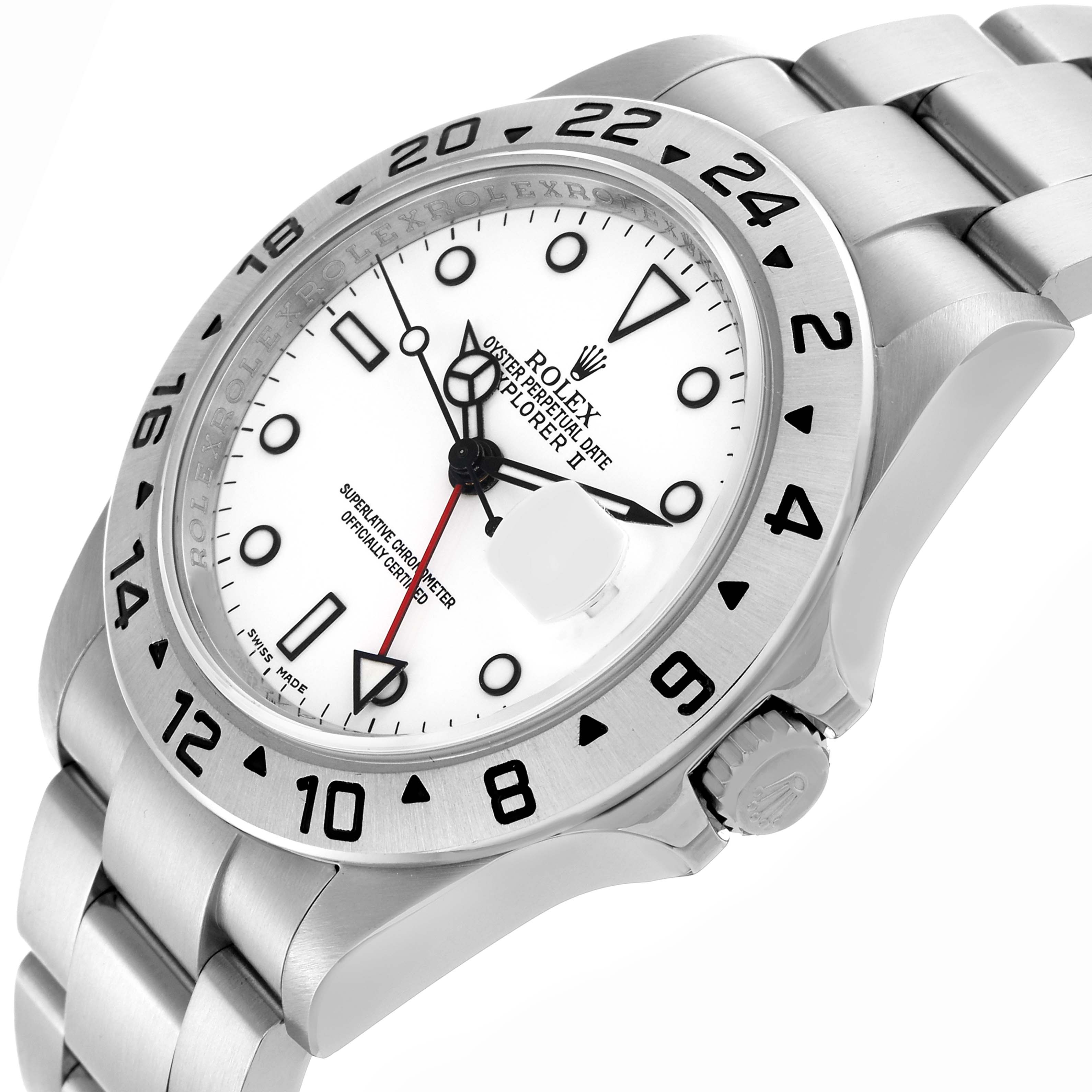 The Rolex Explorer 16570 Men's Stainless Steel White Dial 16570 Men's Stainless Steel White Dial watch is shown from an angled side view, highlighting the bezel, dial, and part of the bracelet.