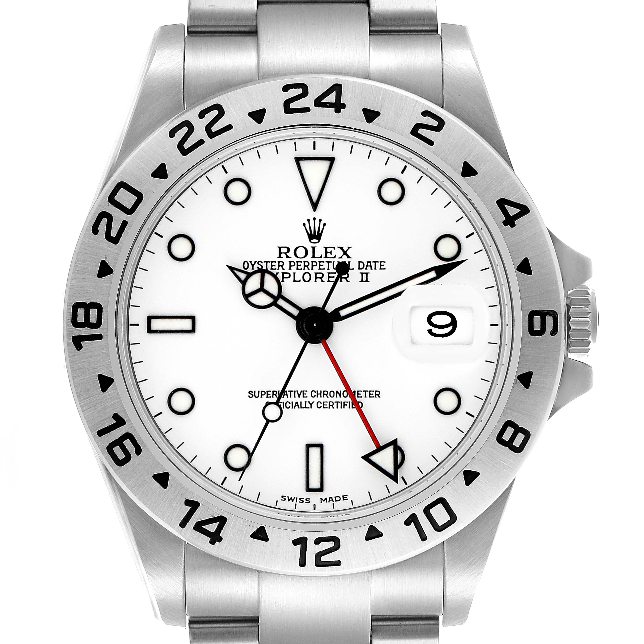 The Rolex Explorer 16570 Men's Stainless Steel White Dial 16570 Men's Stainless Steel White Dial watch is shown from a front angle, highlighting its white dial, bezel, and bracelet.