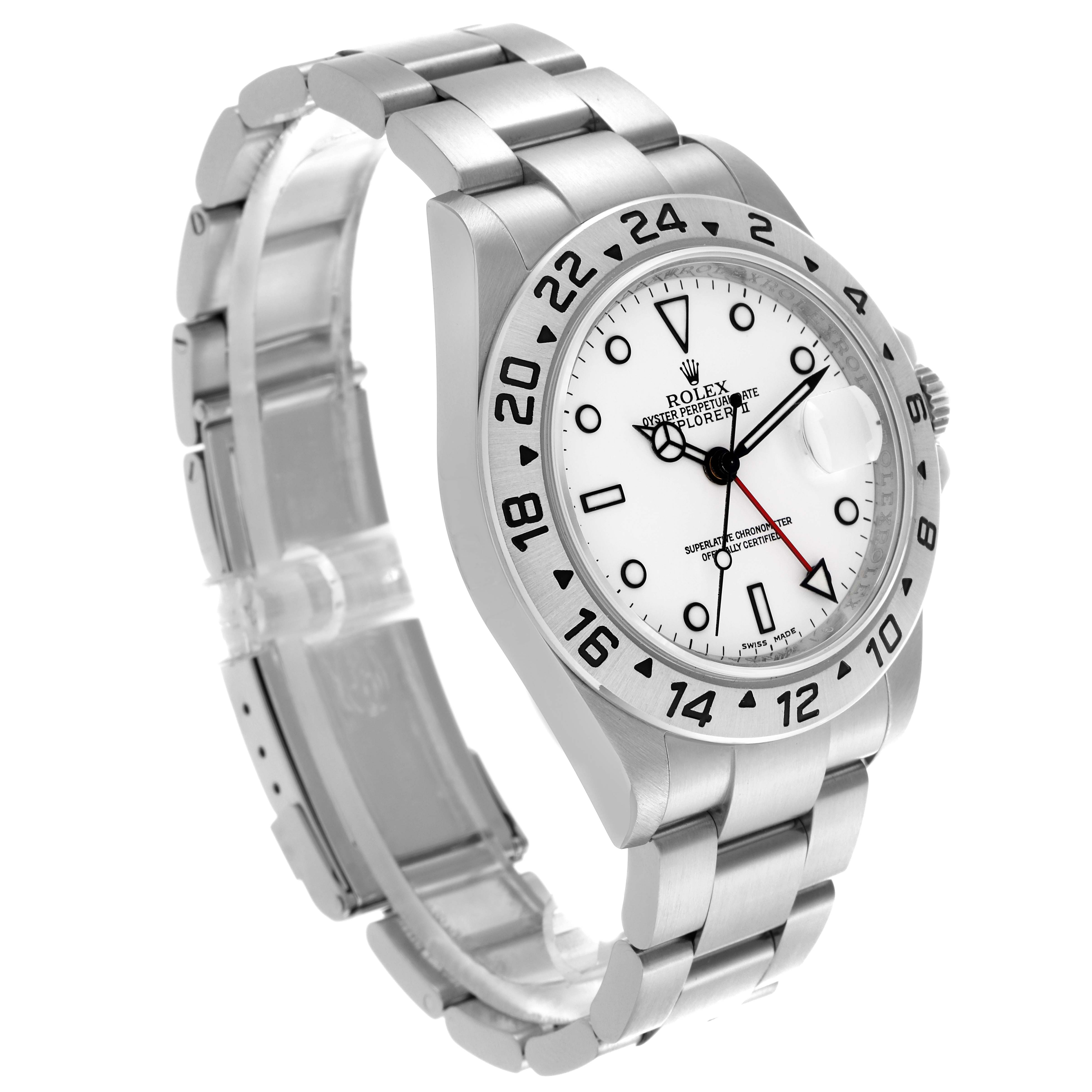The Rolex Explorer 16570 Men's Stainless Steel White Dial 16570 Men's Stainless Steel White Dial watch is shown from a three-quarter angle, highlighting the bezel, face, and stainless steel bracelet.