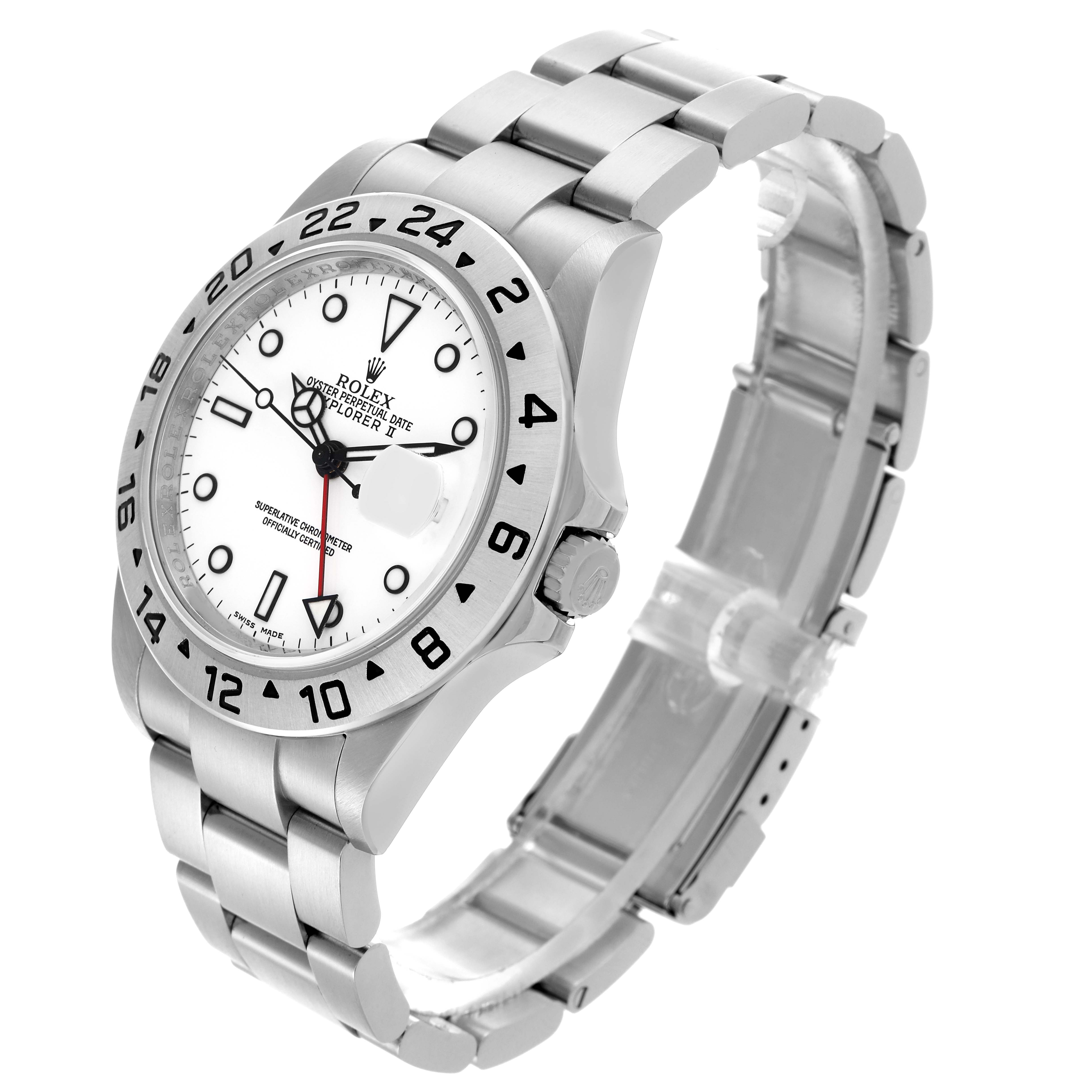 The Rolex Explorer 16570 Men's Stainless Steel White Dial 16570 Men's Stainless Steel White Dial watch is shown at a three-quarter angle, highlighting the face, bezel, crown, and part of the bracelet.