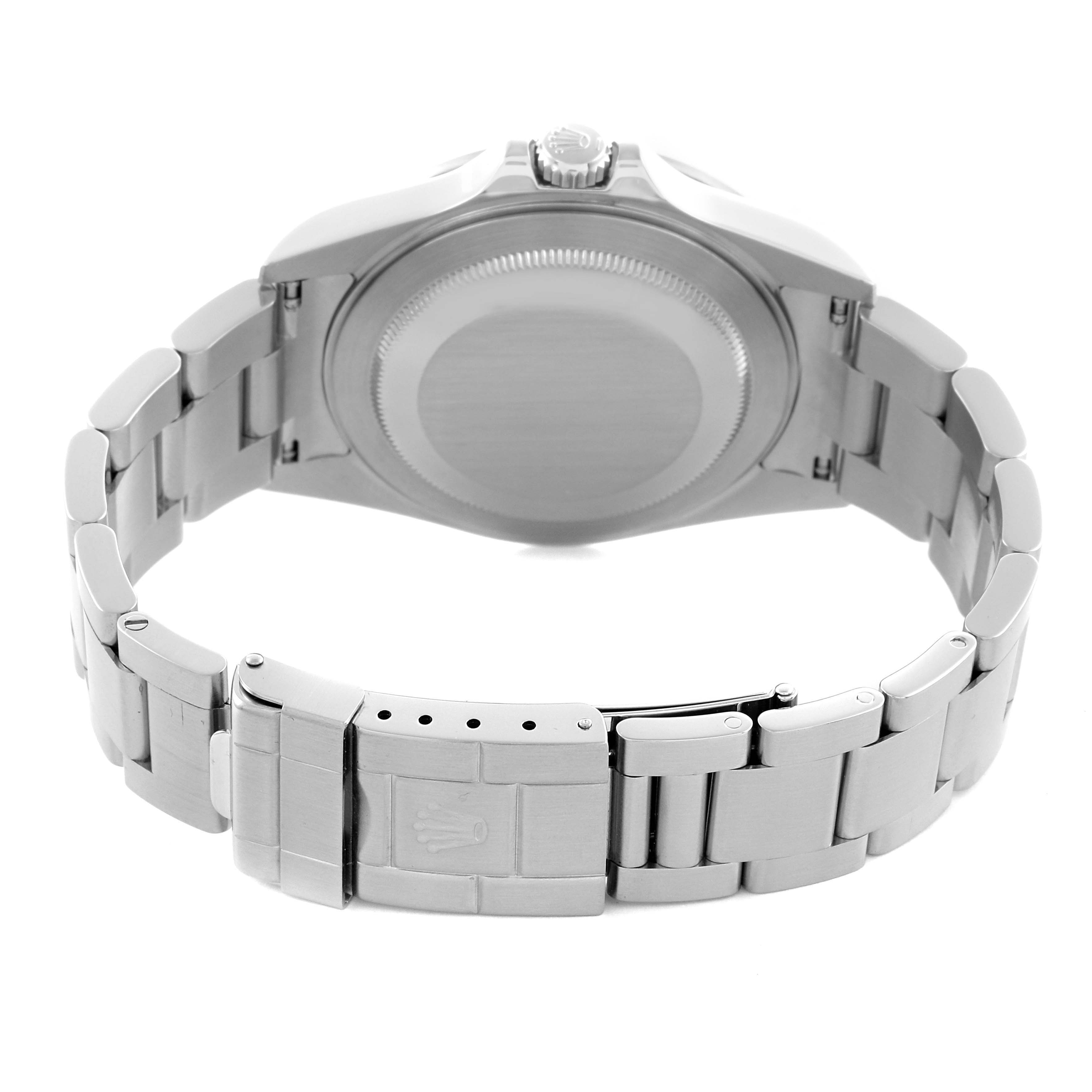 The Rolex Explorer 16570 Men's Stainless Steel White Dial 16570 Men's Stainless Steel White Dial is shown from the back, displaying the case back, bracelet, and clasp with the Rolex logo.